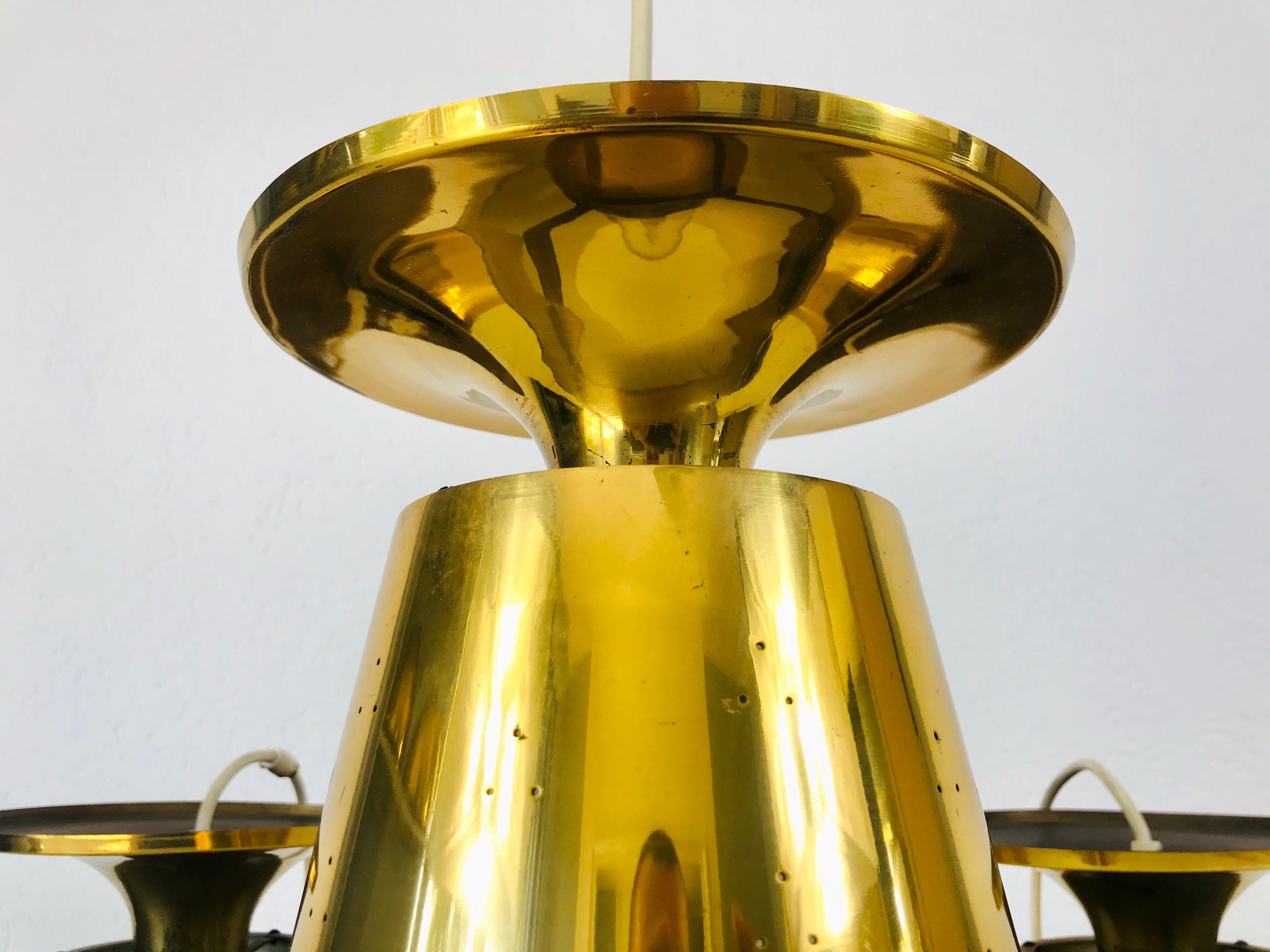 Set of 3 Polished Brass Pendant Lamps Attributed to Paavo Tynell, 1950s For Sale 3