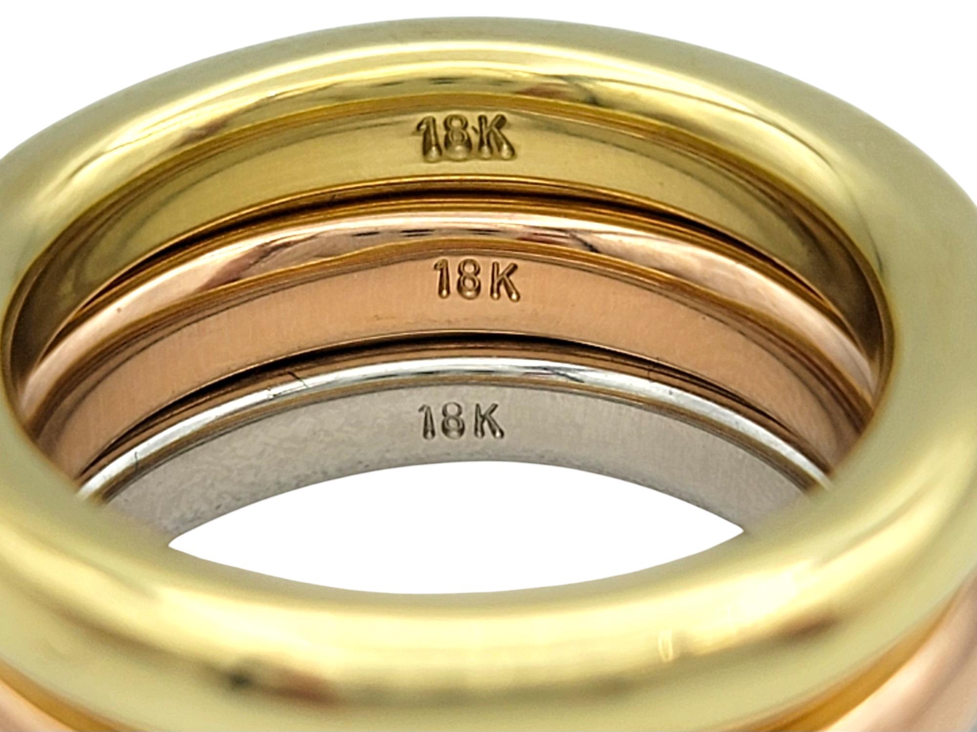 Set of 3 Polished Stacking Band Rings in 18 Karat White, Rose and Yellow Gold In Good Condition For Sale In Scottsdale, AZ