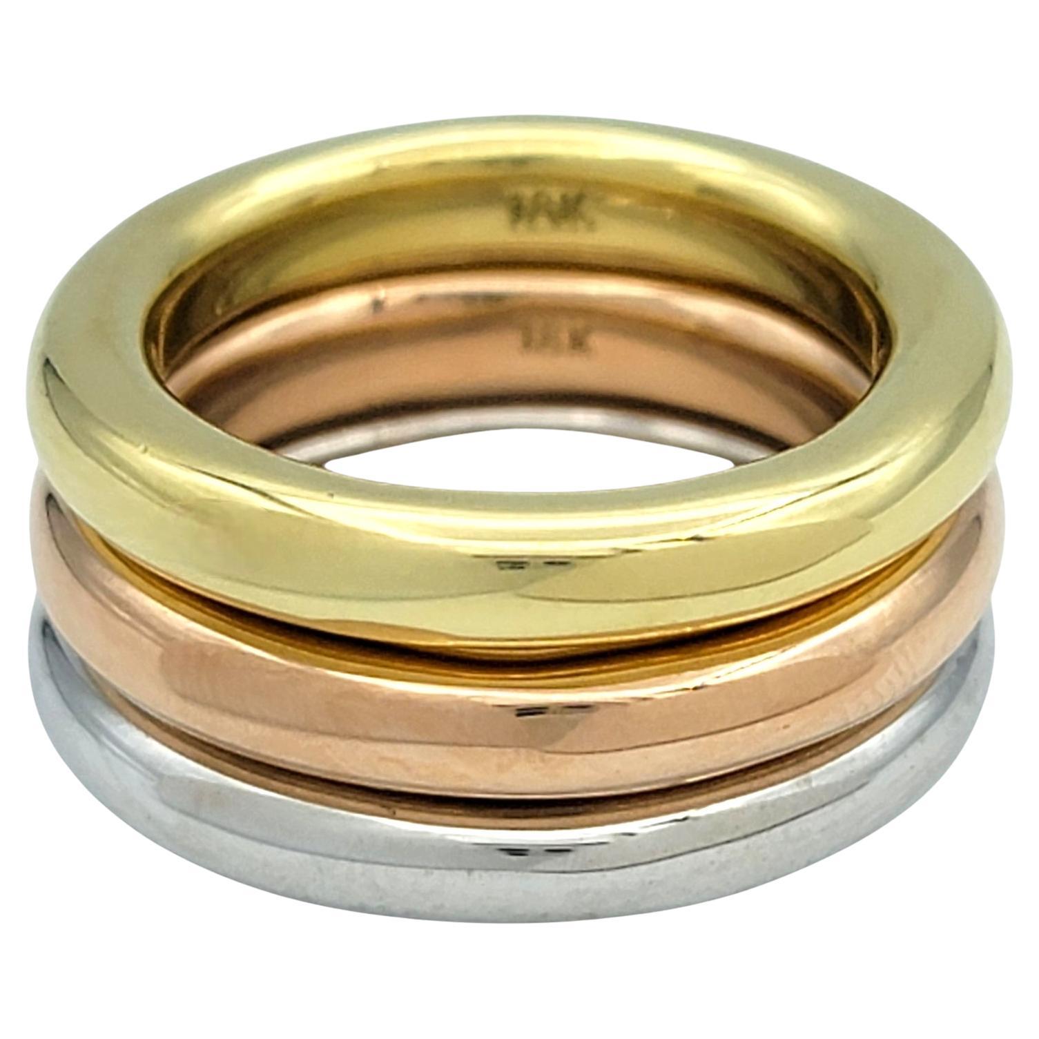 Set of 3 Polished Stacking Band Rings in 18 Karat White, Rose and Yellow Gold