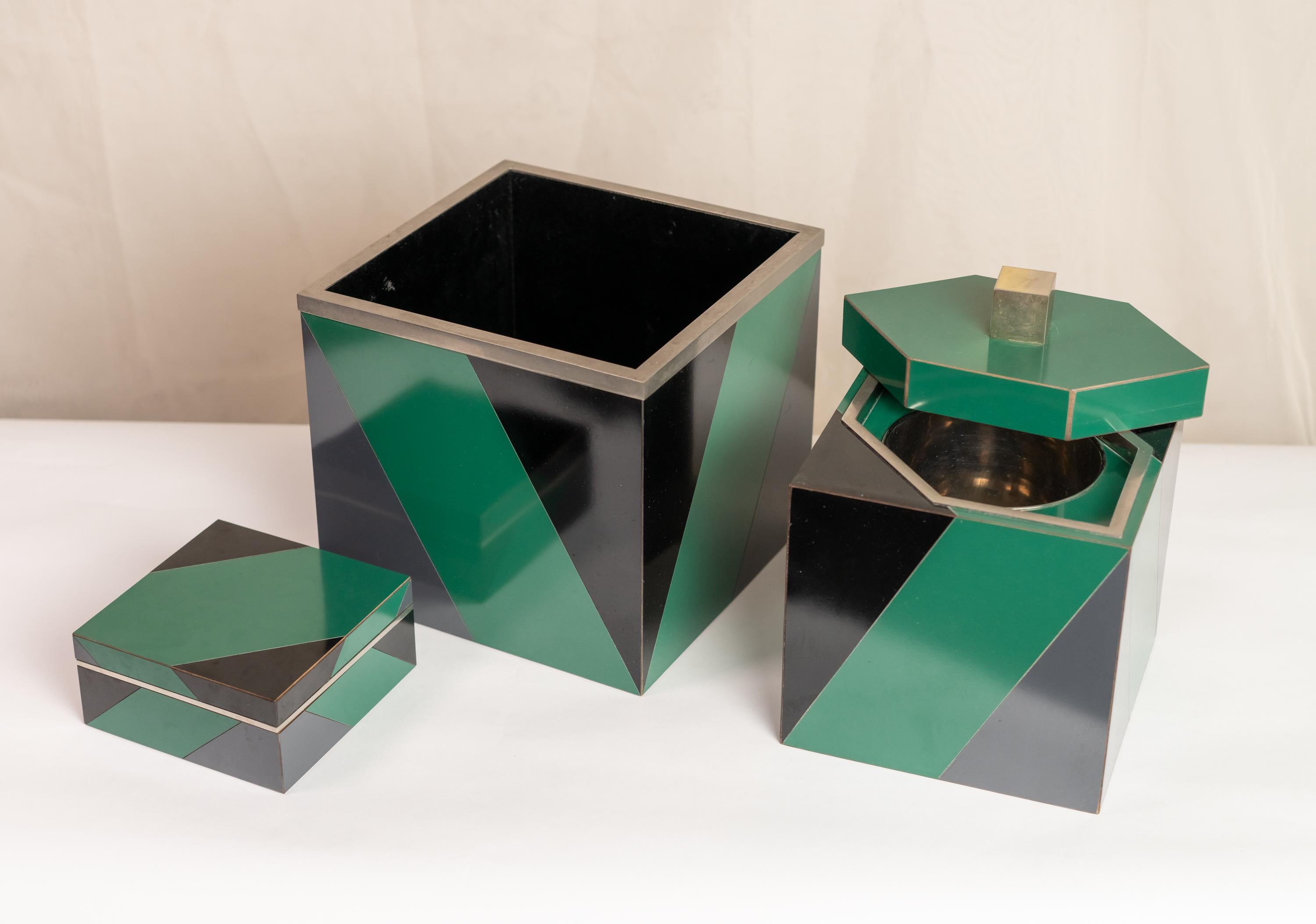Italian Set of 3 Polychrome and Laminated and Polished Nickel Art Deco Style Boxes For Sale