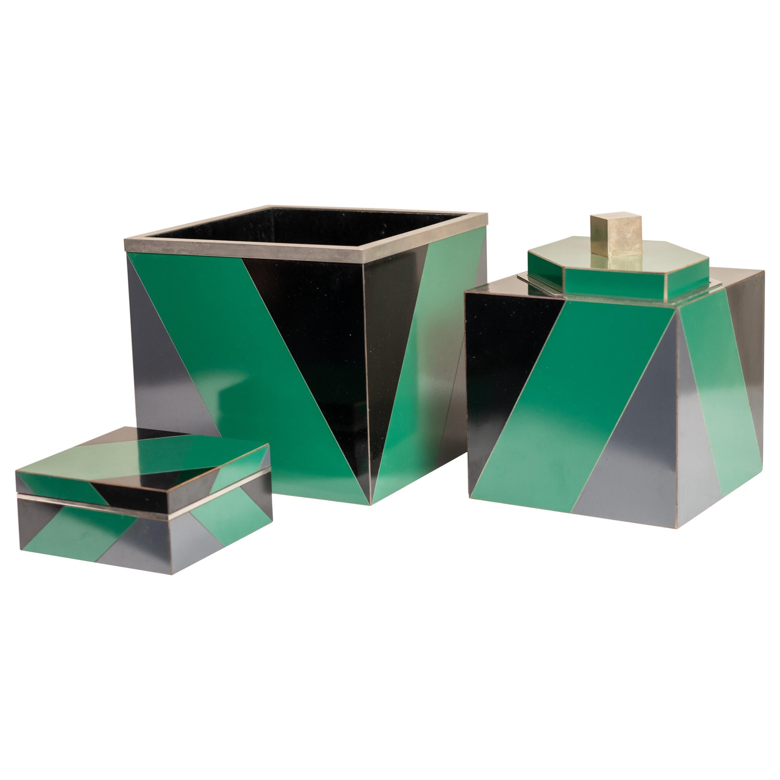 Set of 3 Polychrome and Laminated and Polished Nickel Art Deco Style Boxes