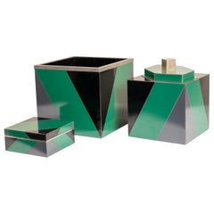 Vintage Set of 3 Polychrome and Laminated and Polished Nickel Art Deco Style Boxes