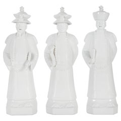 Set of 3 Porcelain Qing Emperor Statues, White, Handmolded & Handpainted