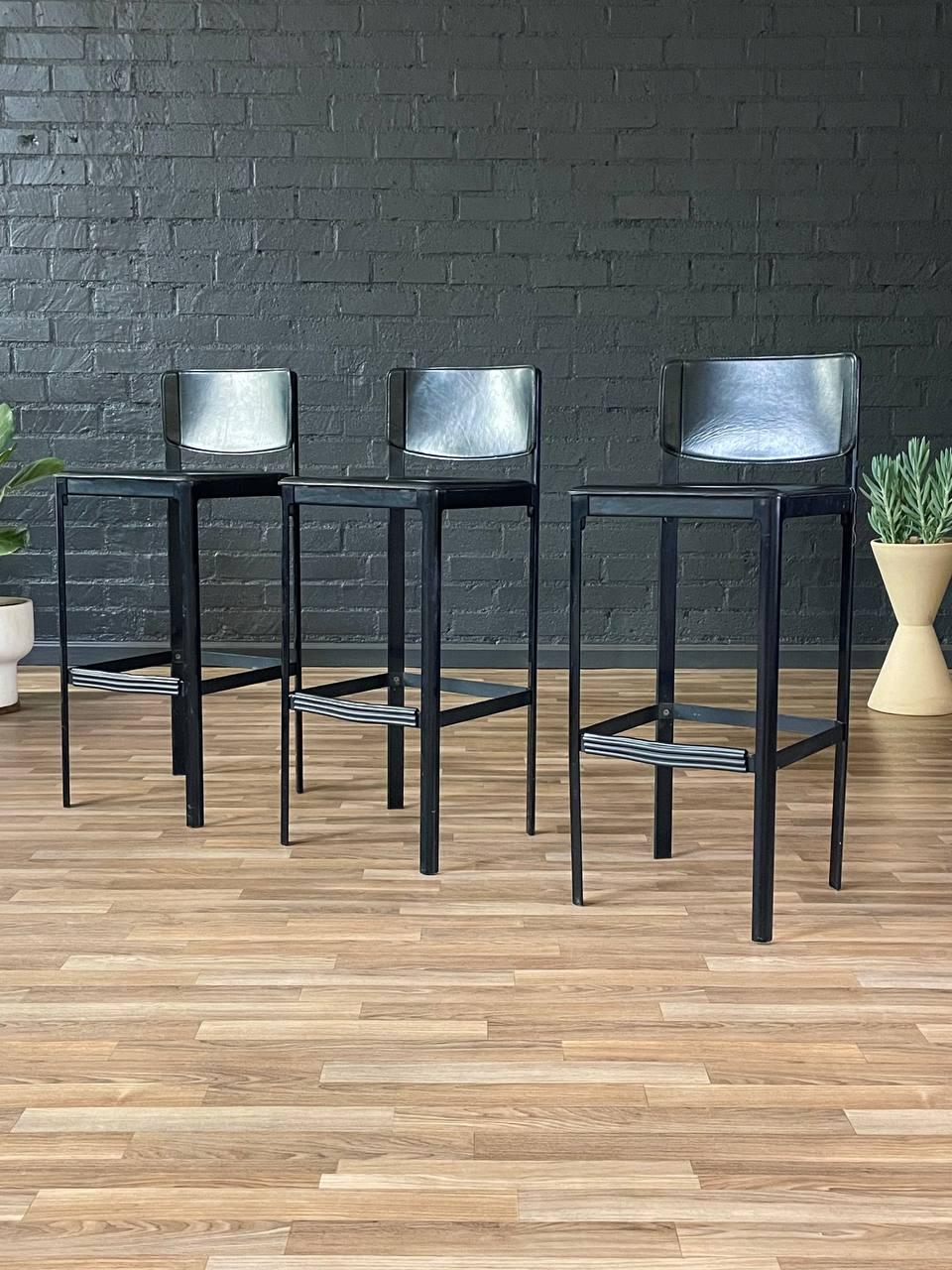 Mid-Century Modern Set of 3 Post Italian Modern Leather Bar Stools by Matteo Grassi