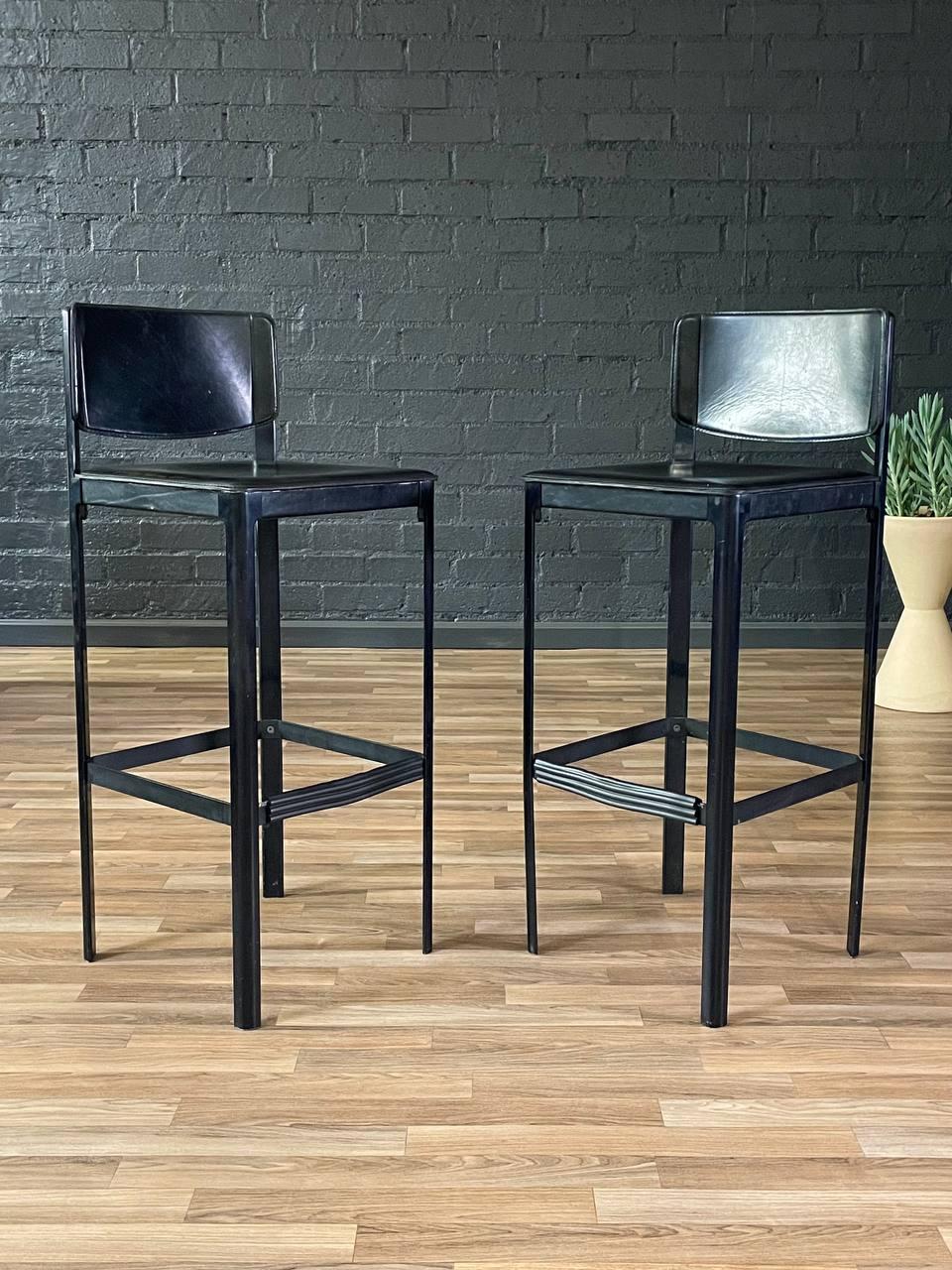 Metal Set of 3 Post Italian Modern Leather Bar Stools by Matteo Grassi