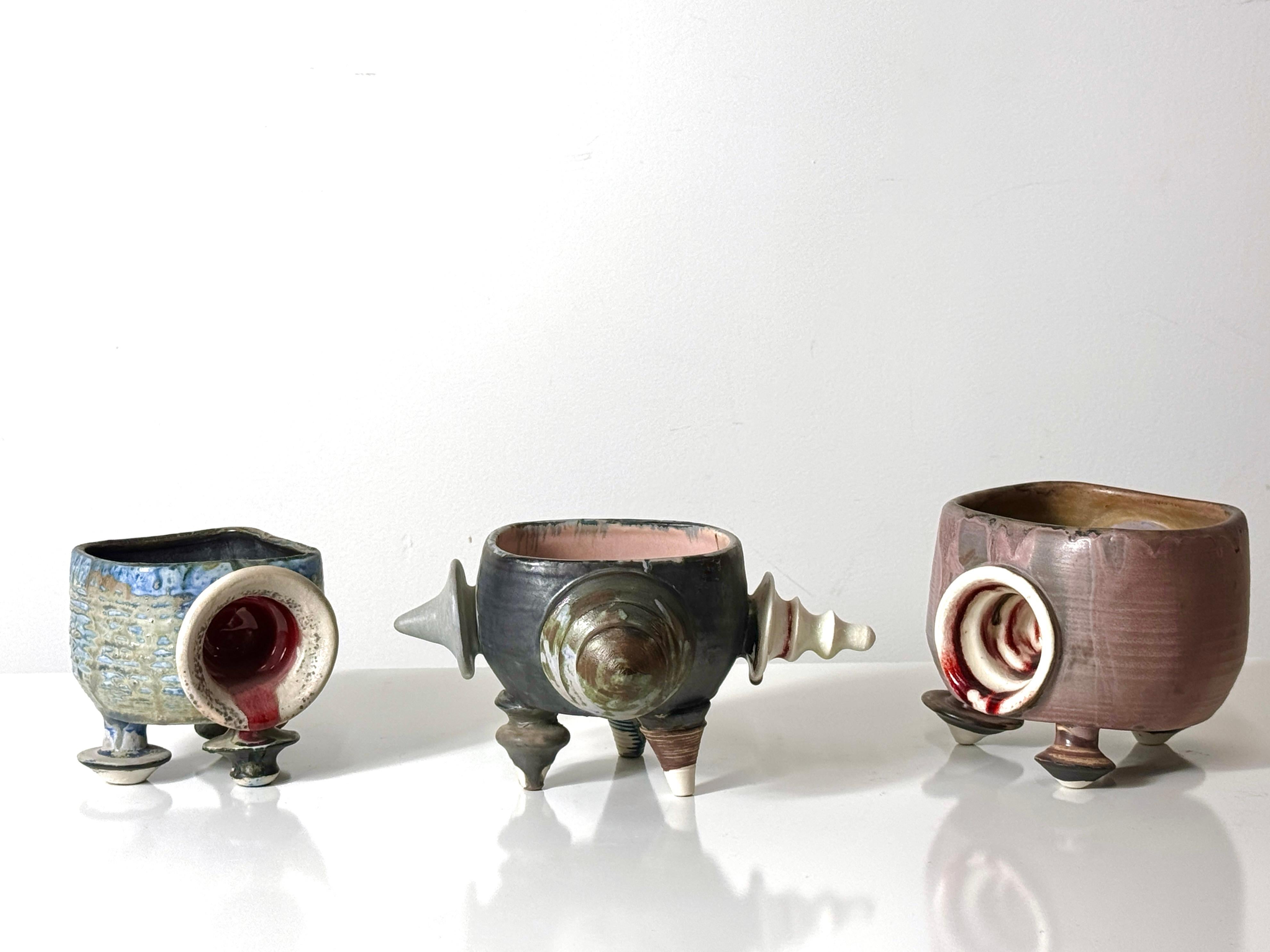 Set of 3 Post Modern Abstract Ceramic Bowl Scultpures by Kaiser Suidan 1990s For Sale 7