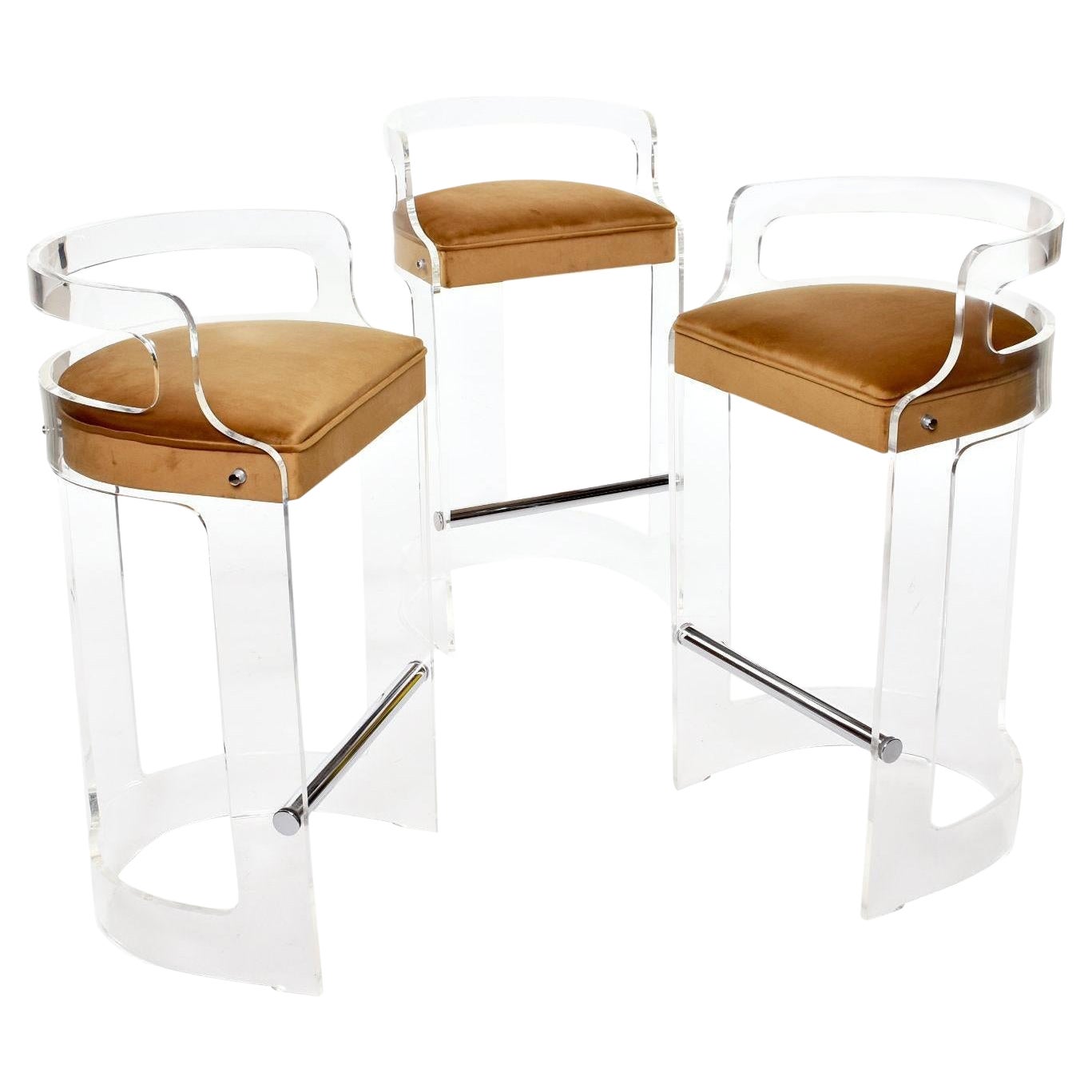 Set of 3 Post Modern Curved Clear Acrylic Lucite Bar Stools by HIl MFG