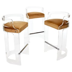 Set of 3 Post Modern Curved Clear Acrylic Lucite Bar Stools by HIl MFG