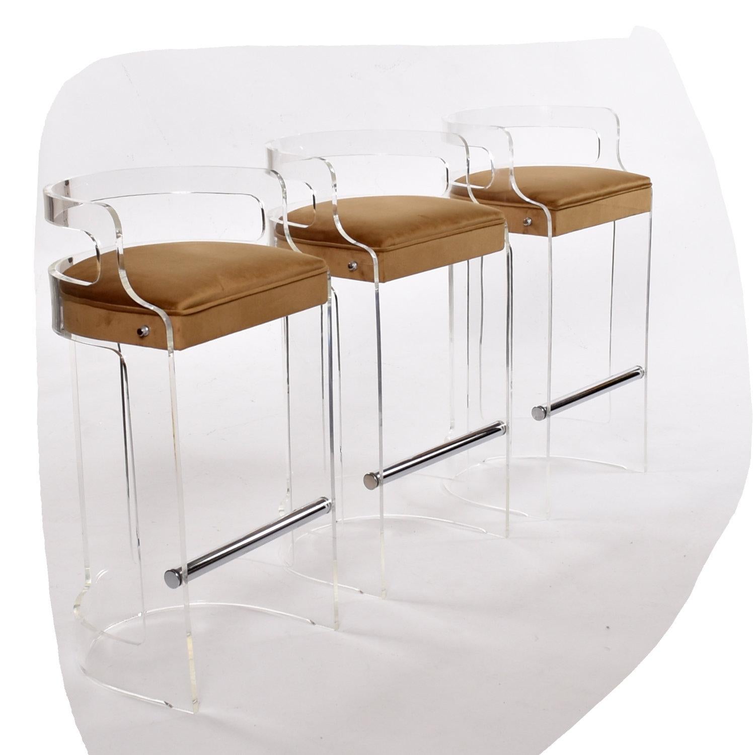 Velvet Set of 3 Post Modern Curved Clear Acrylic Lucite Bar Stools by HIl MFG