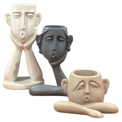 Set of 3 Post-Modern Figural Face Planters in Matte Resin, Sculptural Whimsical