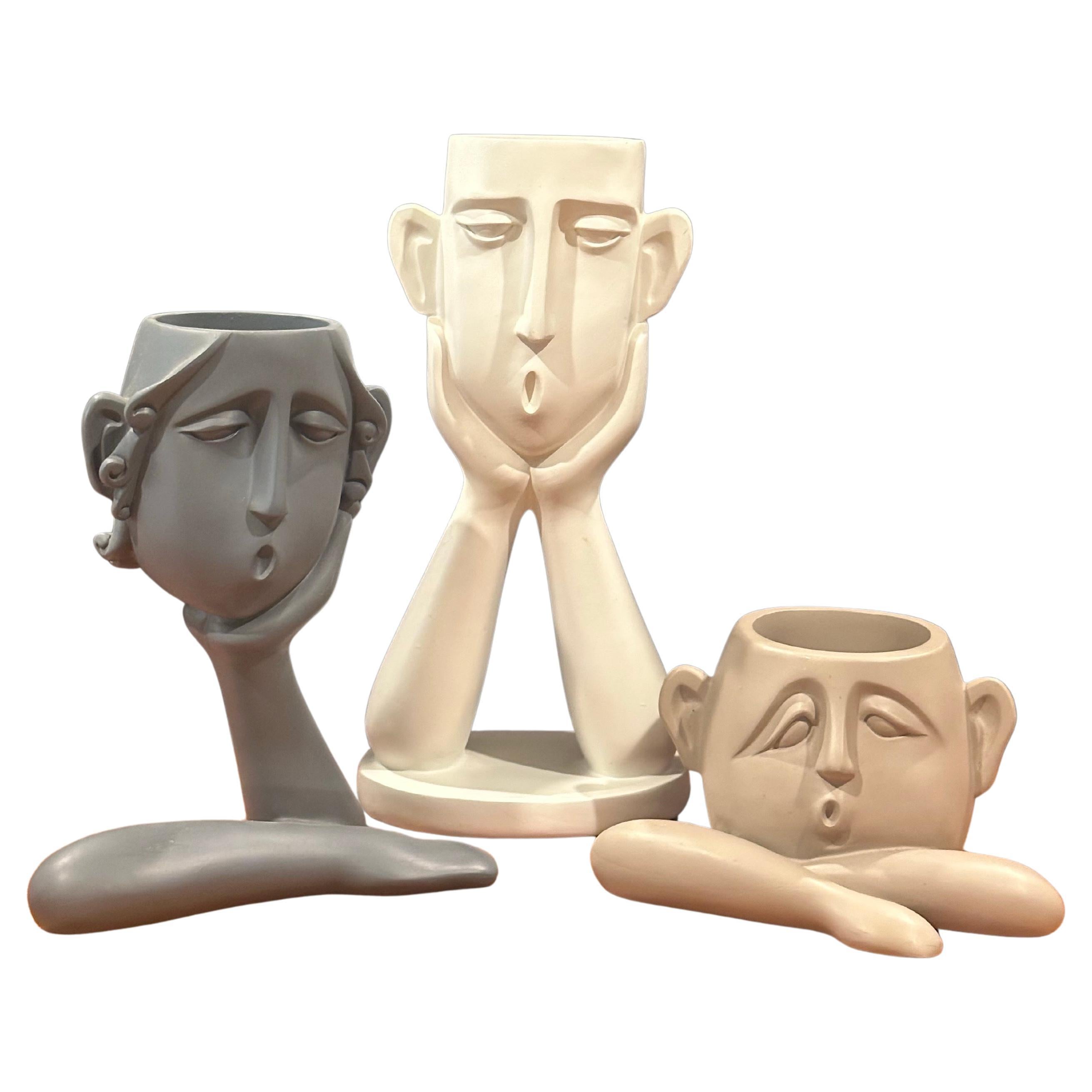 Set of 3 Post-Modern Figural Face Planters in Matte Resin, Sculptural Whimsical For Sale