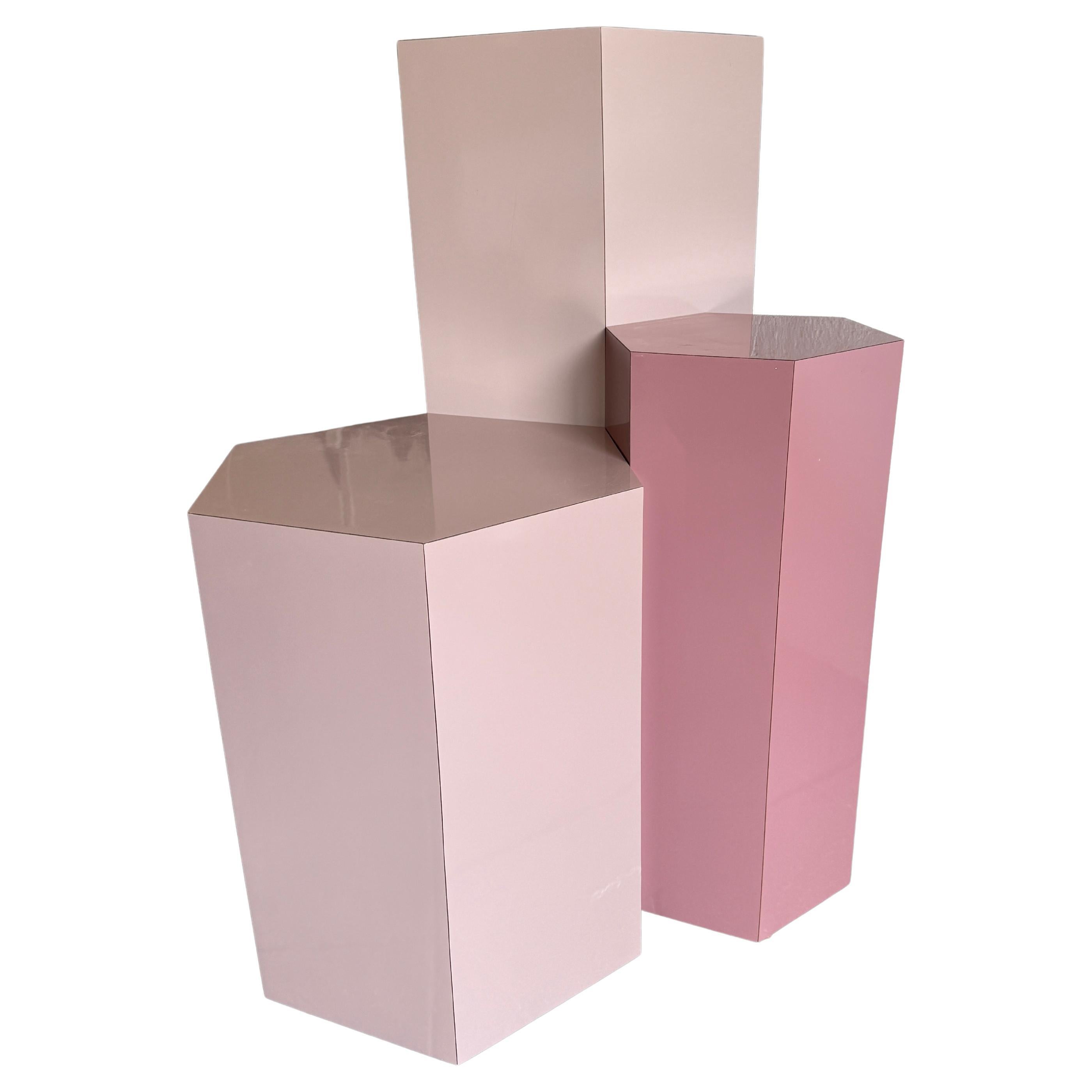 Set of 3 post modern pink laminate hexagon pedestals or plinths