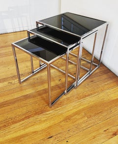 Set of 3 Postmodern Nesting tables Chrome Bases & Reverse Painted Glass Tops