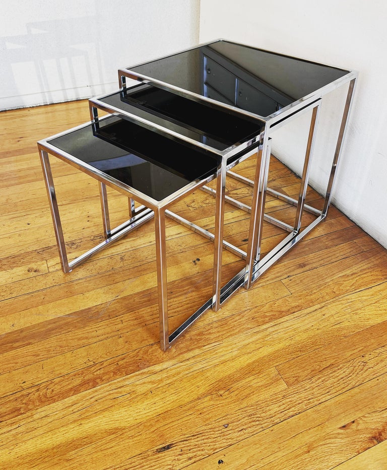 Set of 3 Postmodern Nesting tables Chrome Bases and Reverse Painted Glass Tops at 1stDibs