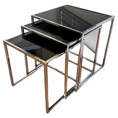 Set of 3 Postmodern Nesting tables Chrome Bases & Reverse Painted Glass Tops 