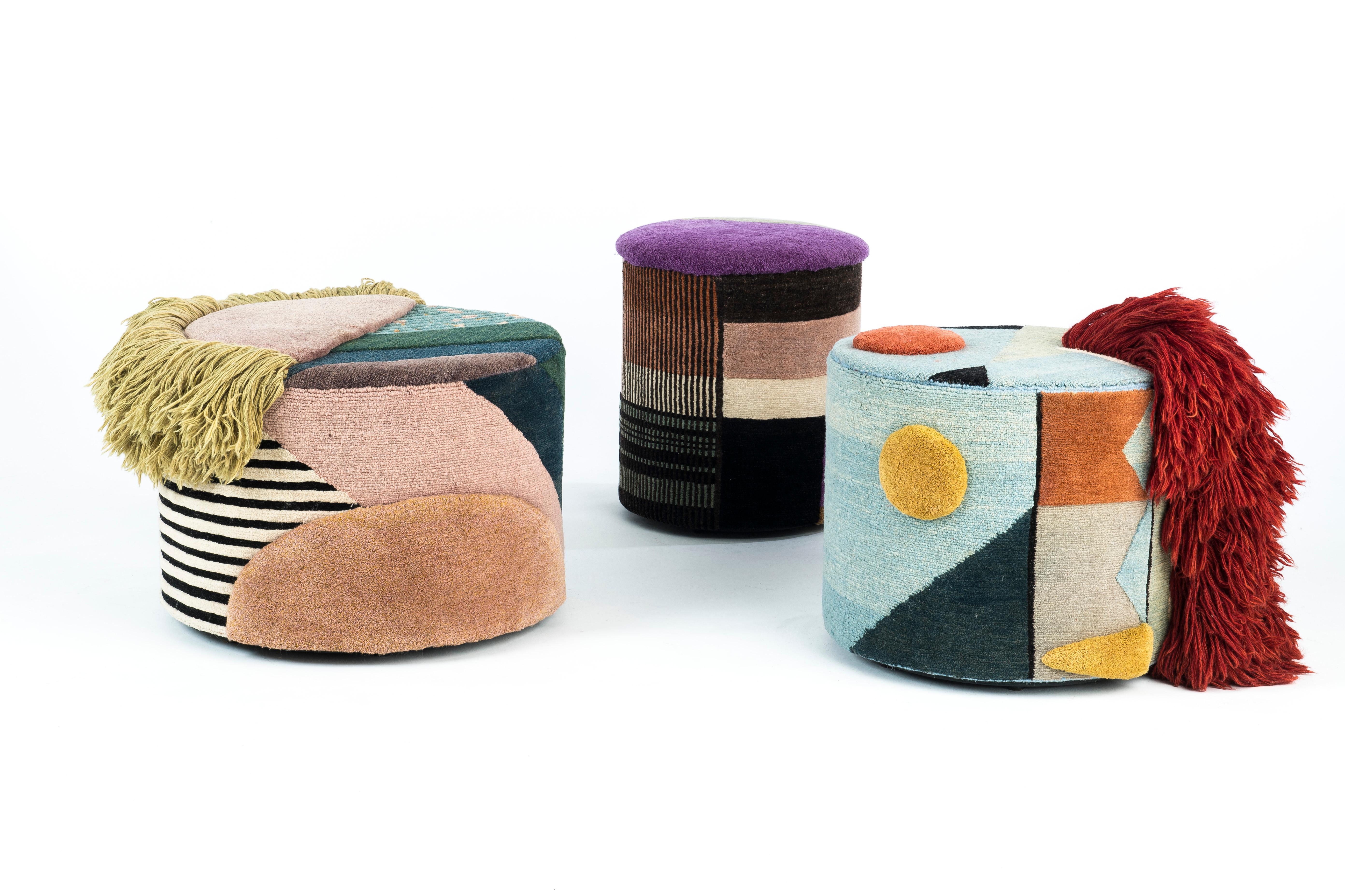 Set of 3 Poufs Charaktere Fred, Massimiliano and Colette by Lyk Carpet
Dimensions:
Fred: Ø 44 x H 52 cm
Massimiliano: Ø 53 x H 47 cm
Colette: Ø 62 x H 47 cm.
Materials: 100% tibetan highland-wool, new pure hand-combed and hand-spun wool,