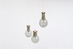 Set of Three Raak "Dewdrop" Smoked Glass Pendants with Brass Tone Hardware