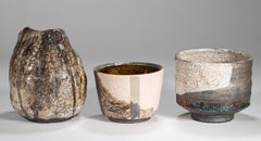Set of 3 Raku and Craquelure Glaze Vessels Vases, American Studio Art Pottery