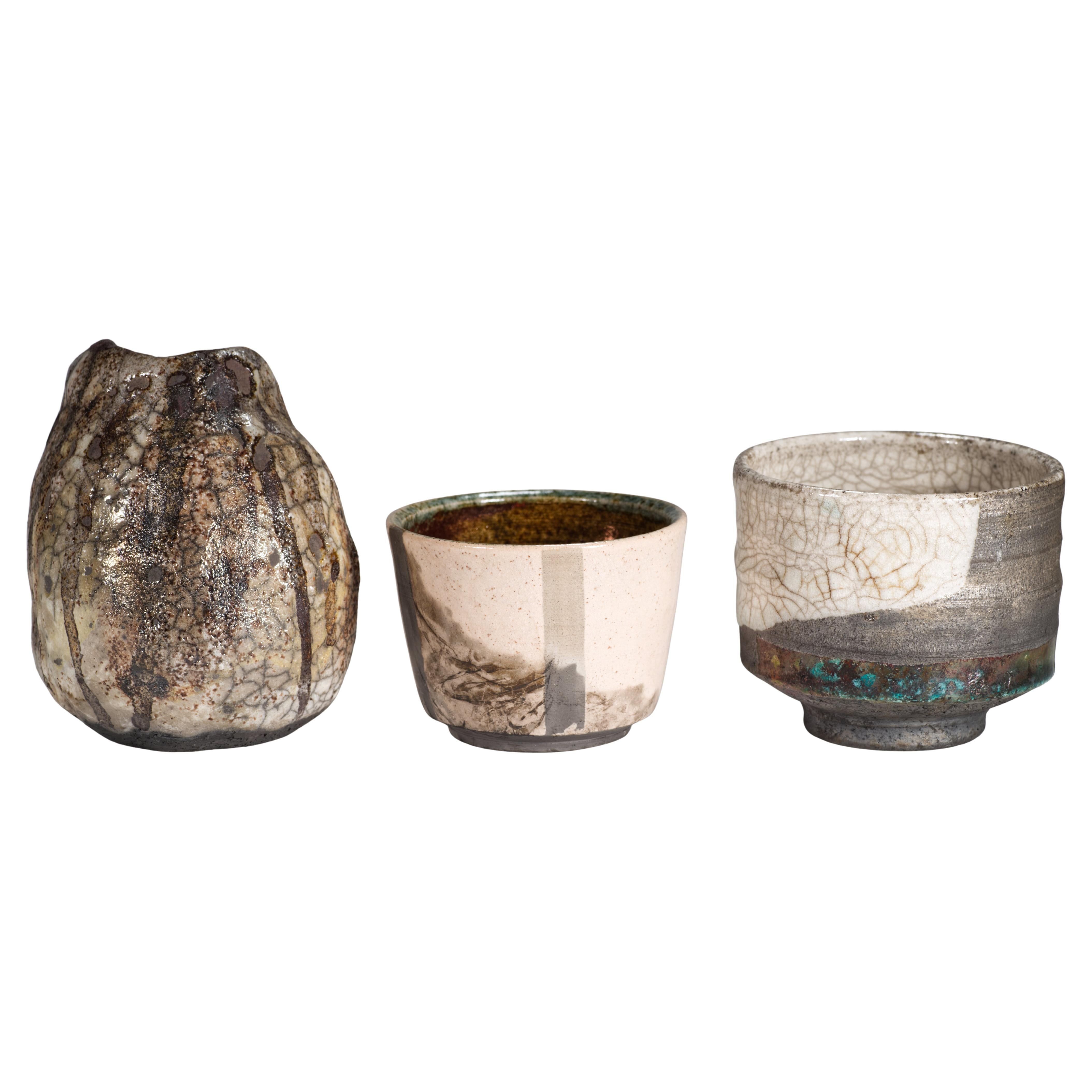 Set di 3 vasi con smalti Raku e Craquelure, Studio Pottery americano