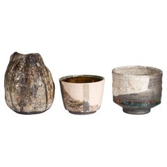 Set di 3 vasi con smalti Raku e Craquelure, Studio Pottery americano