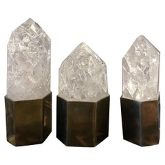 Set of 3 Rare Clear Rock Crystal Quartz Setted on Brass Bezels