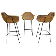 Set of 3 Rare Dirk Van Sliedregt for Rohe Noordwolde, Rattan Bucket Bar Stools