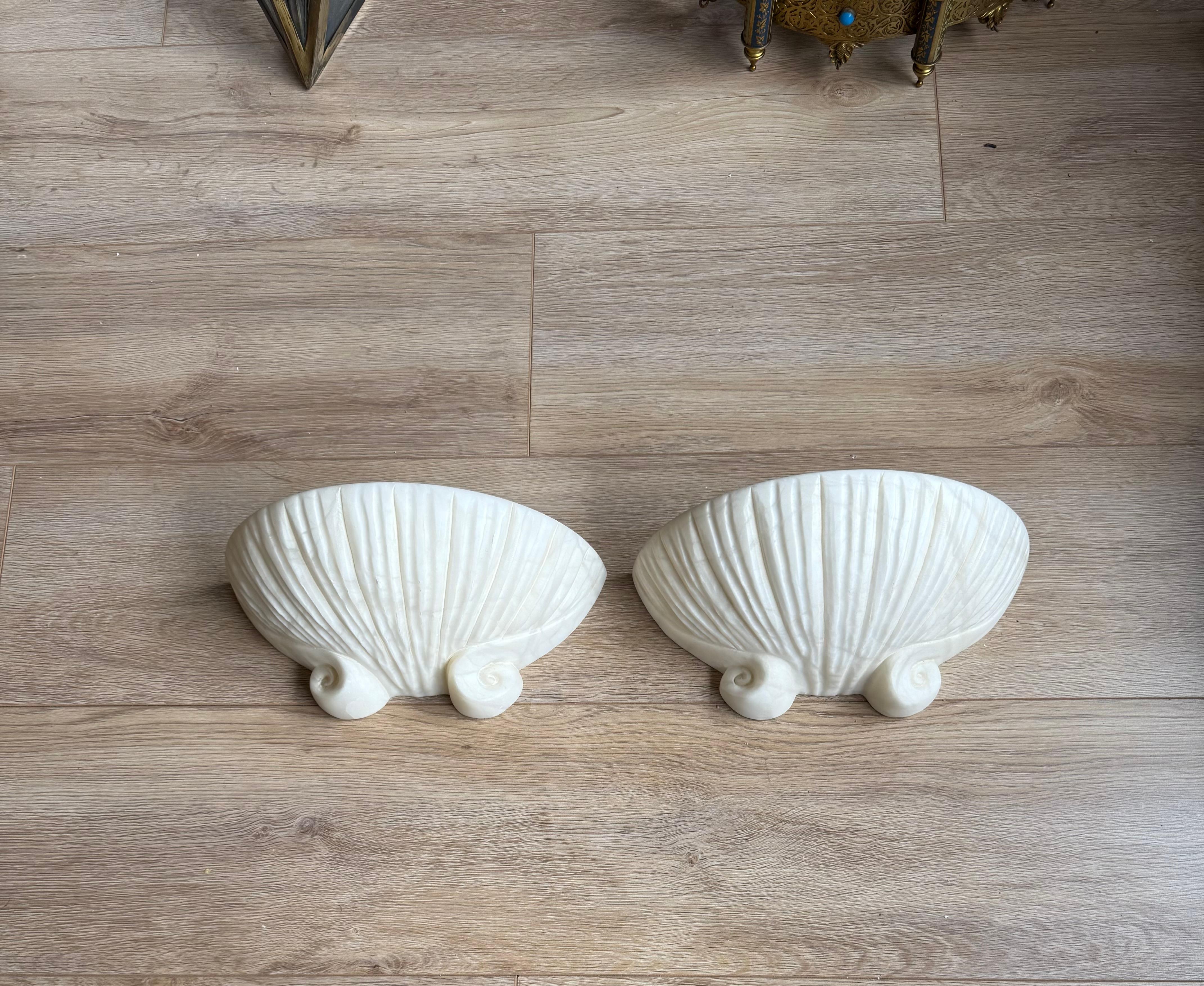 Set of 3 Rare, Midcentury Modern Seashell Design White Alabaster Wall Sconces For Sale 2