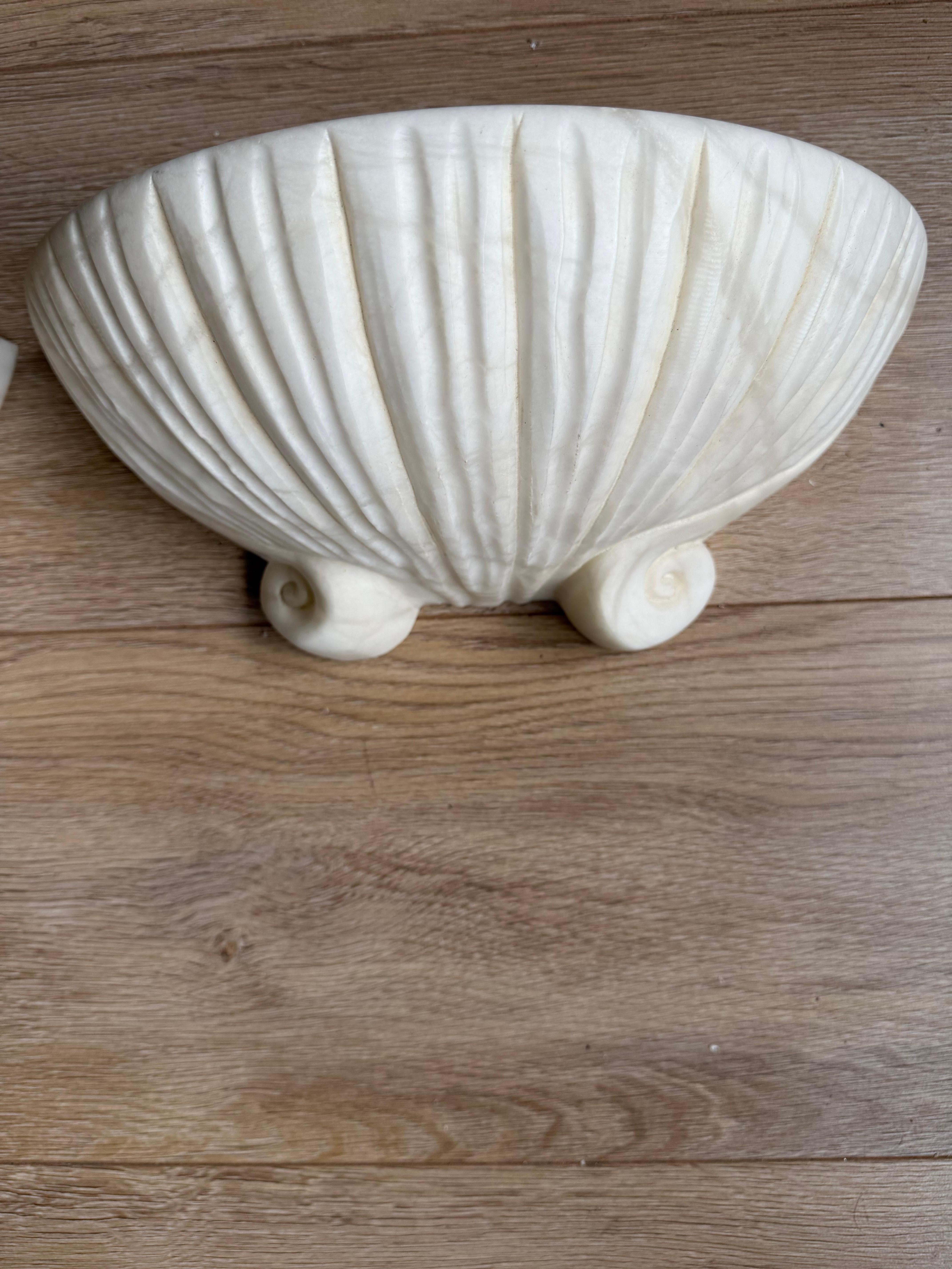 Set of 3 Rare, Midcentury Modern Seashell Design White Alabaster Wall Sconces For Sale 5