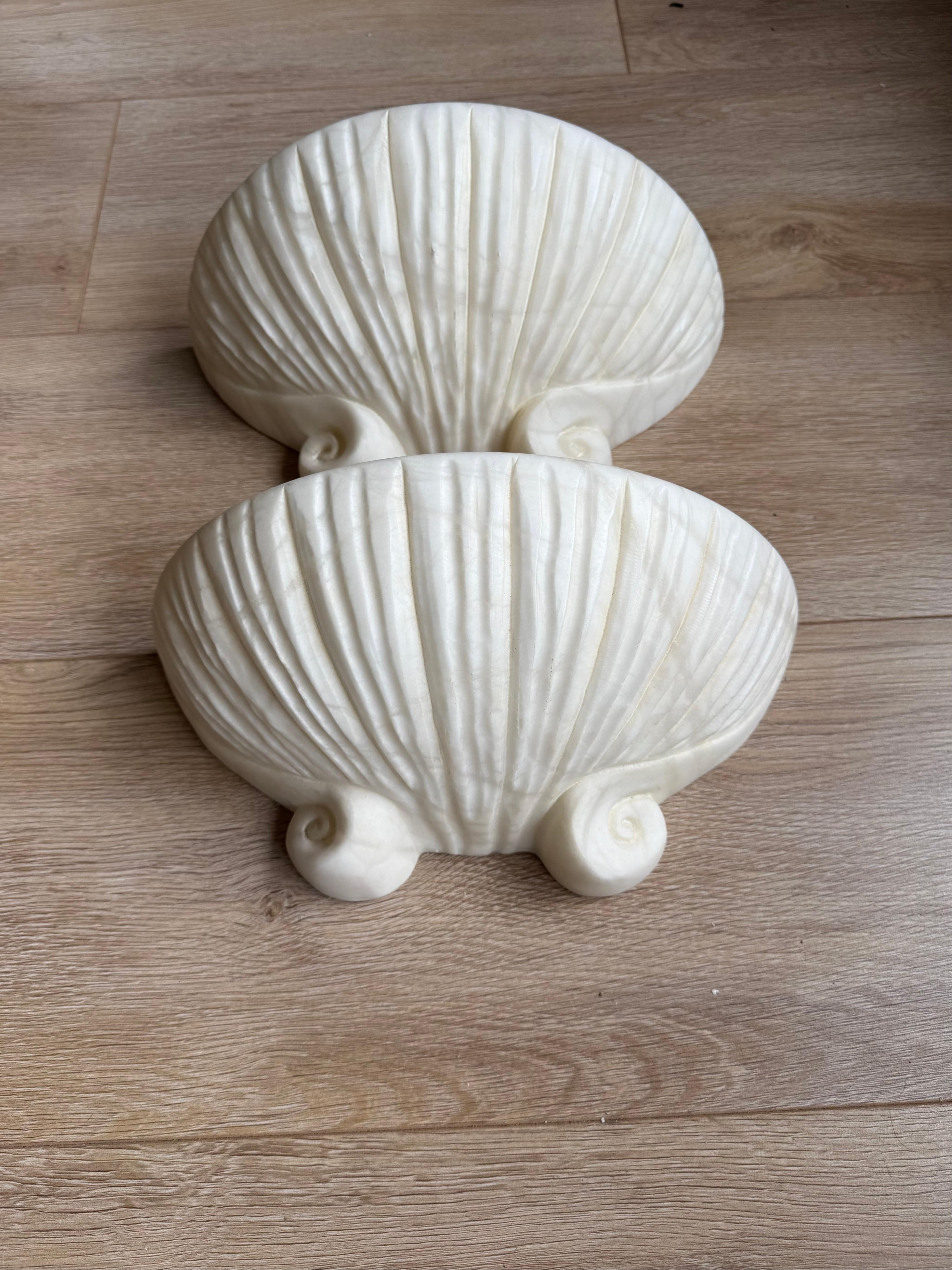 Set of 3 Rare, Midcentury Modern Seashell Design White Alabaster Wall Sconces For Sale 8