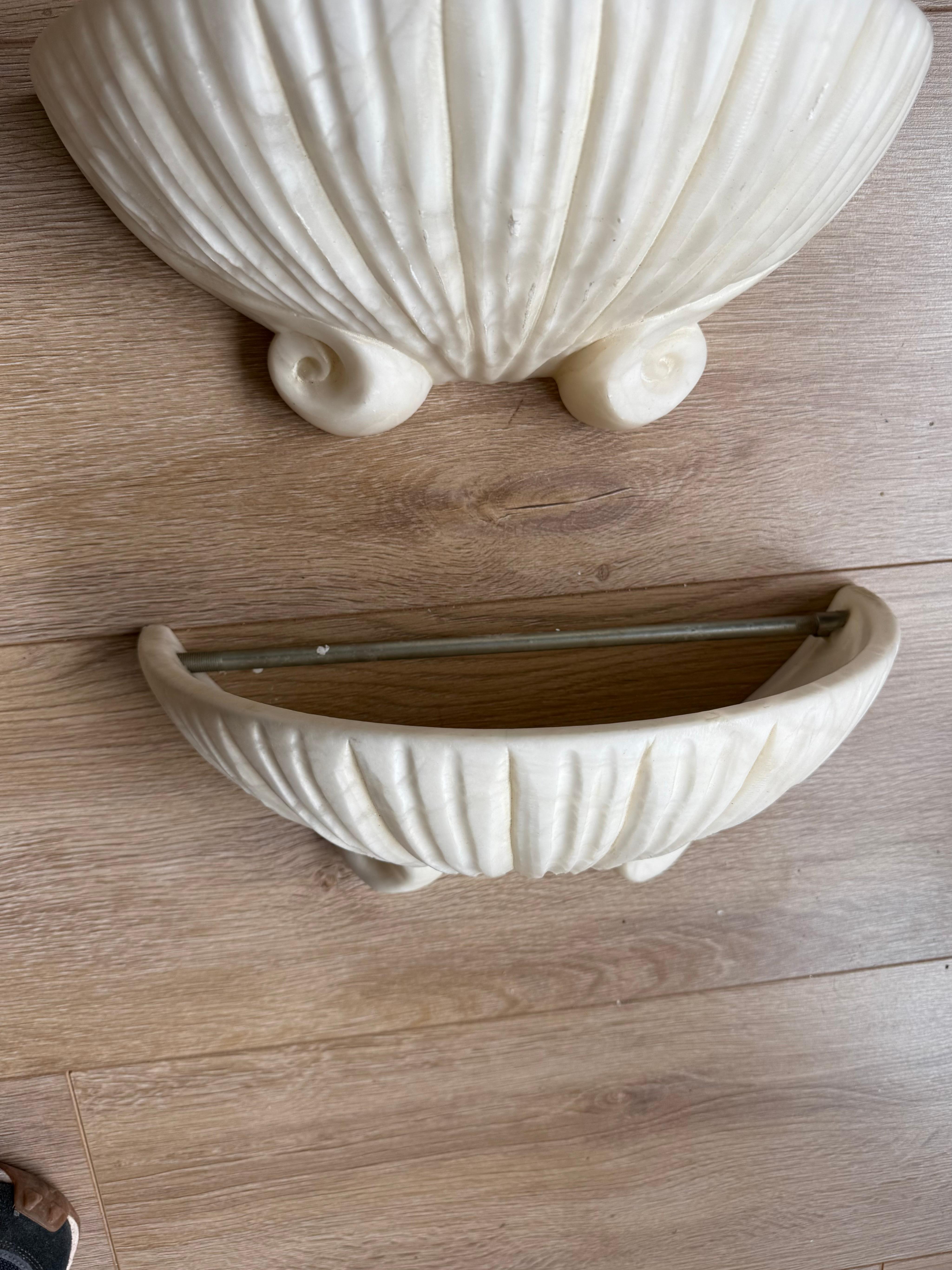Set of 3 Rare, Midcentury Modern Seashell Design White Alabaster Wall Sconces For Sale 9