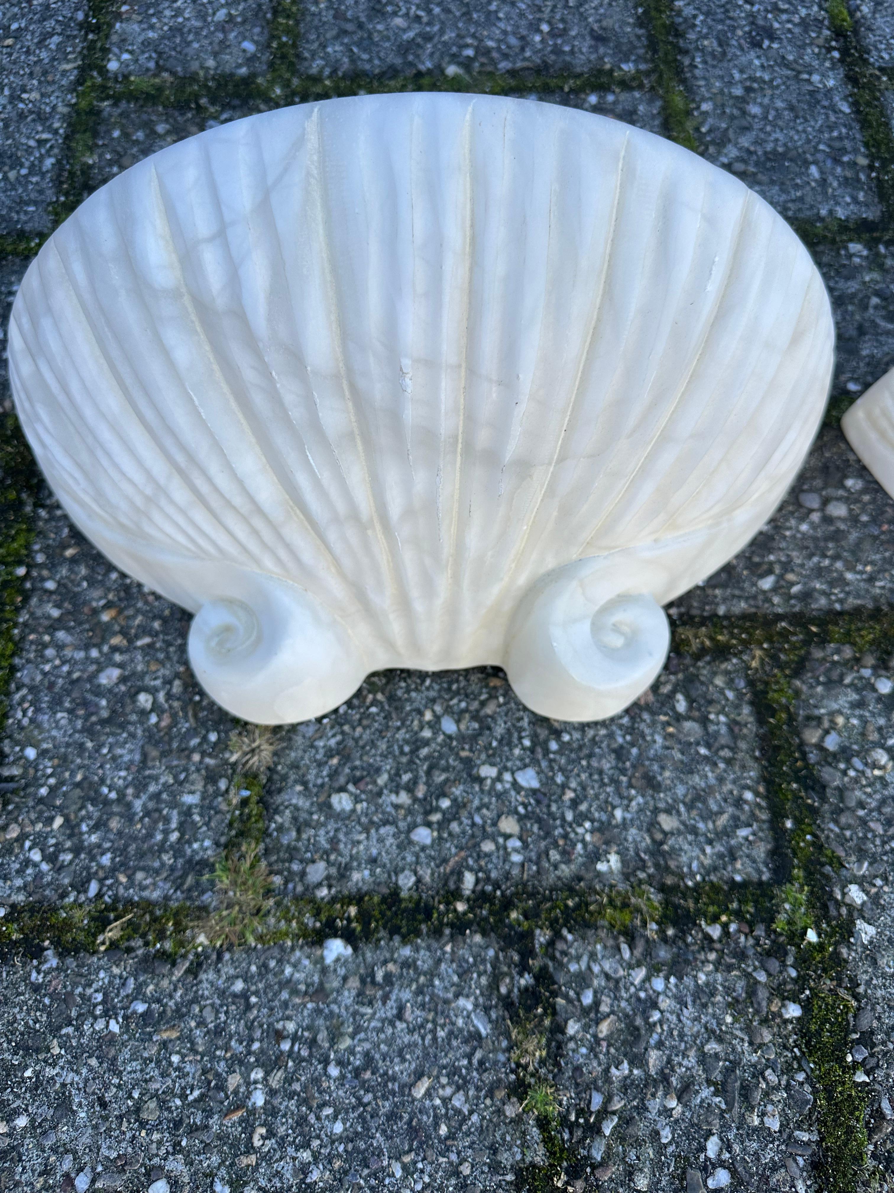 Set of 3 Rare, Midcentury Modern Seashell Design White Alabaster Wall Sconces For Sale 11