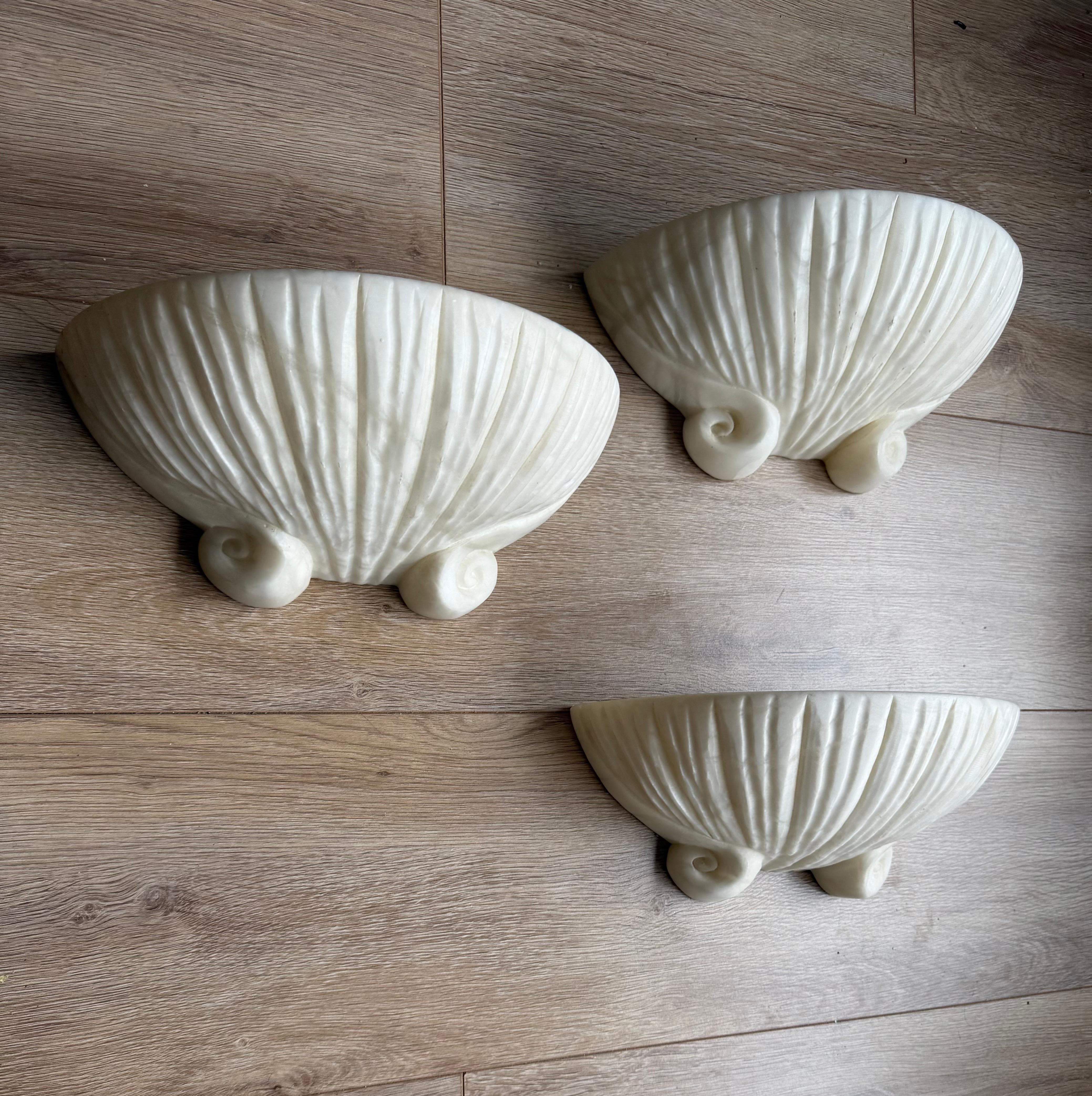 Mid-Century Modern Set of 3 Rare, Midcentury Modern Seashell Design White Alabaster Wall Sconces For Sale