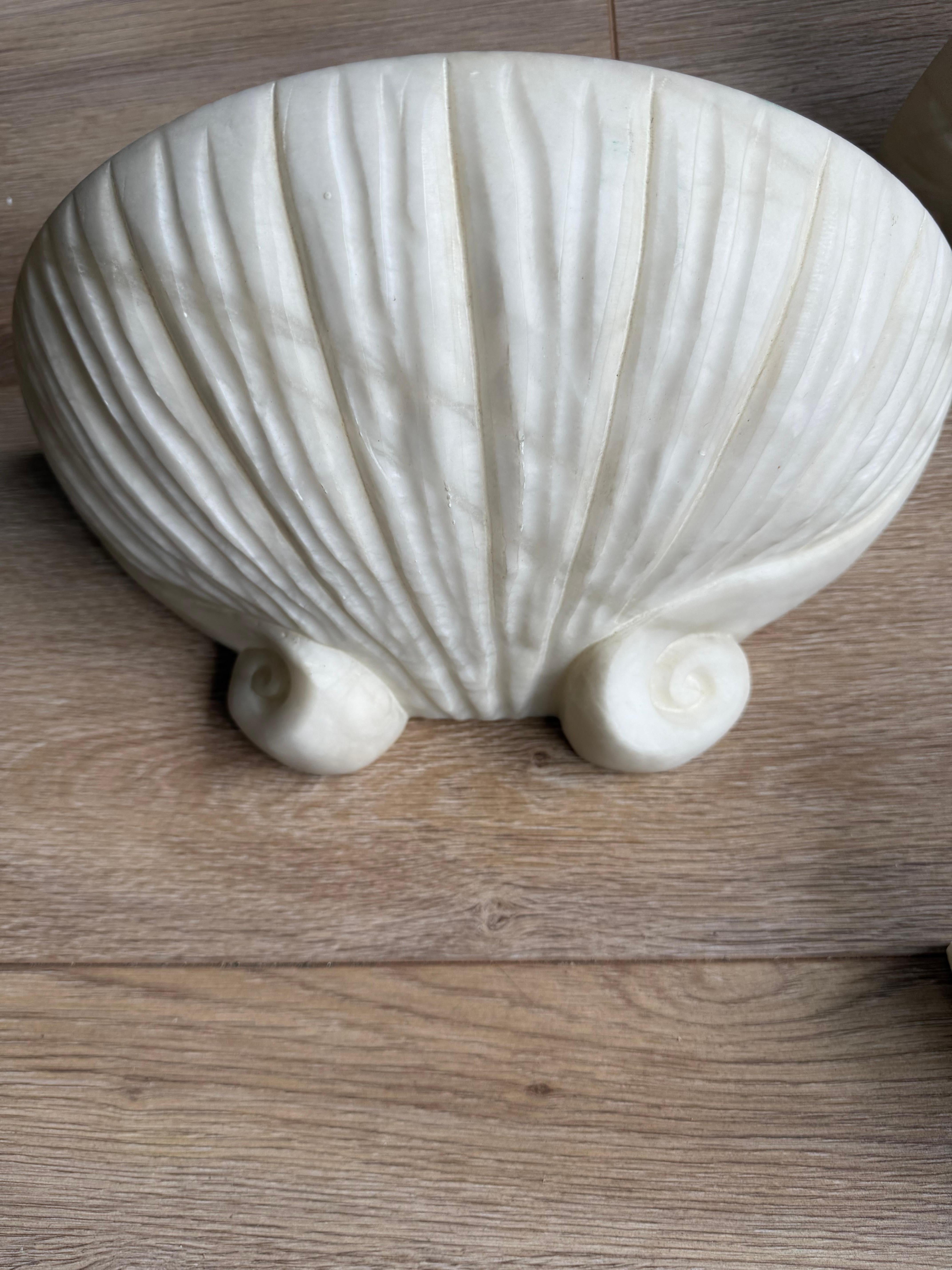 Hand-Carved Set of 3 Rare, Midcentury Modern Seashell Design White Alabaster Wall Sconces For Sale