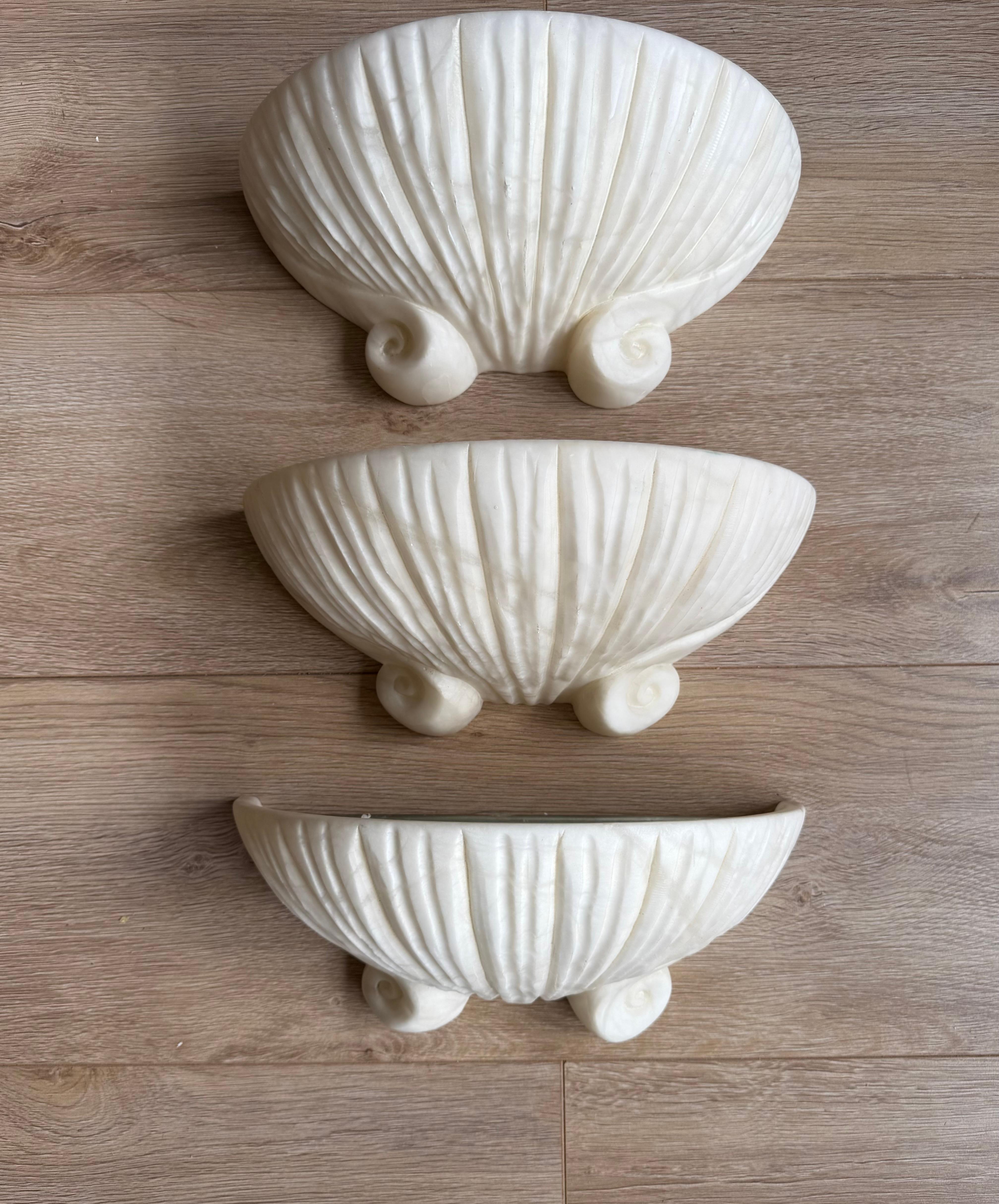 Metal Set of 3 Rare, Midcentury Modern Seashell Design White Alabaster Wall Sconces For Sale