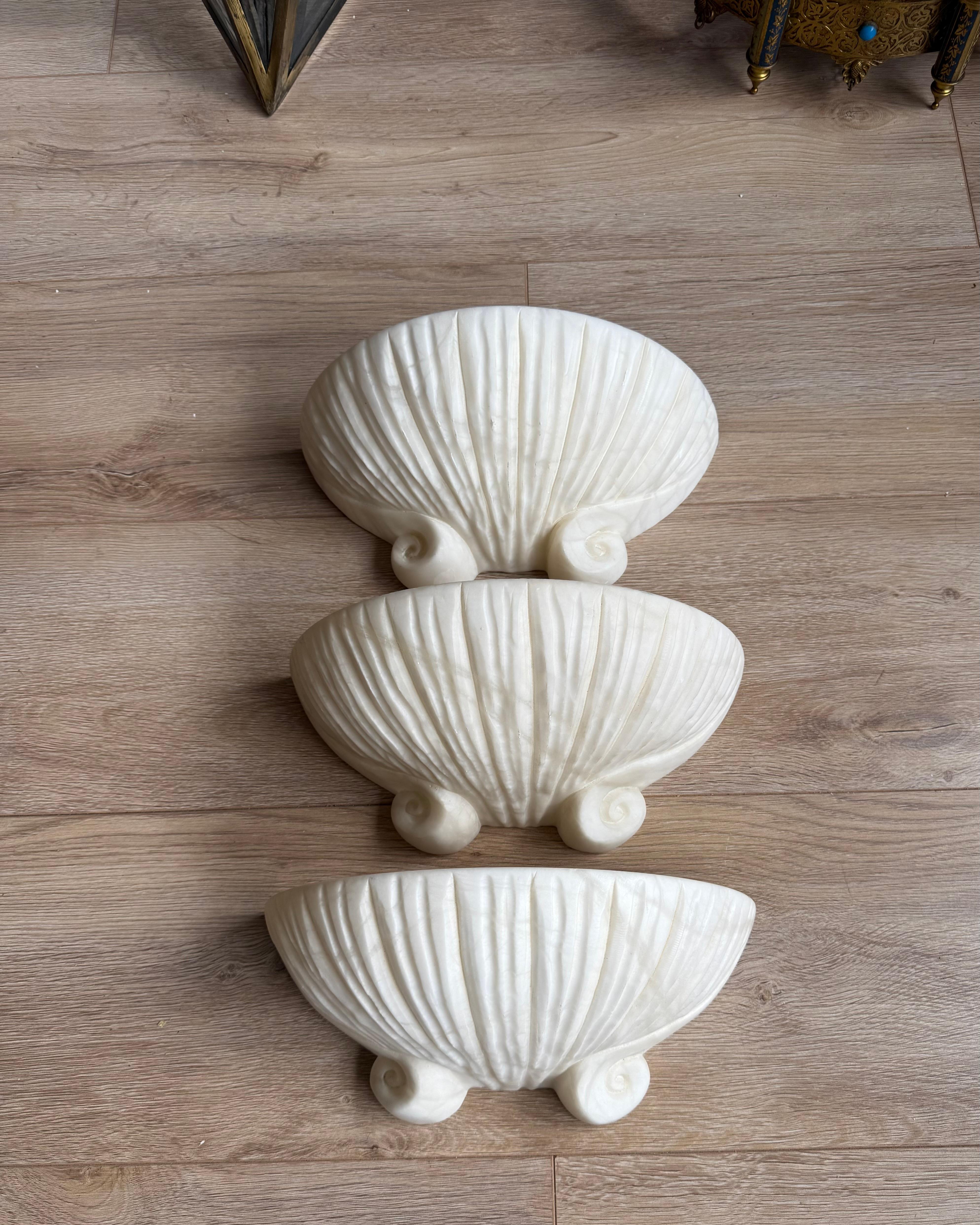 Set of 3 Rare, Midcentury Modern Seashell Design White Alabaster Wall Sconces For Sale 1