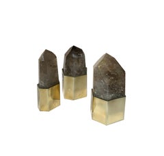 Set of 3 Rare Smoked Rock Crystal Quartz Setted on Polished Brass Bezels