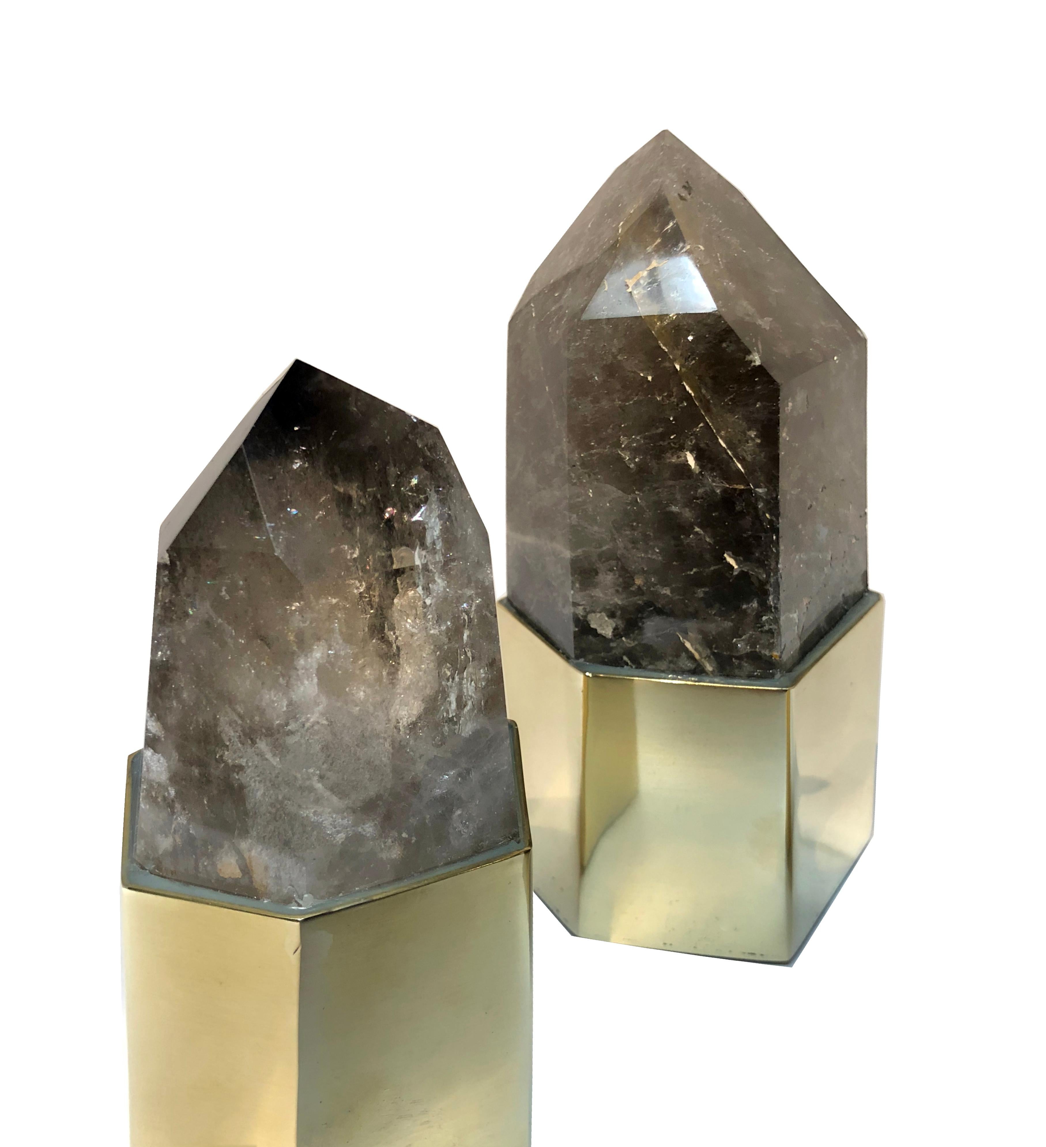 Italian Set of 3 Rare Smoked Rock Crystal Quartz Setted on Polished Brass Bezels For Sale