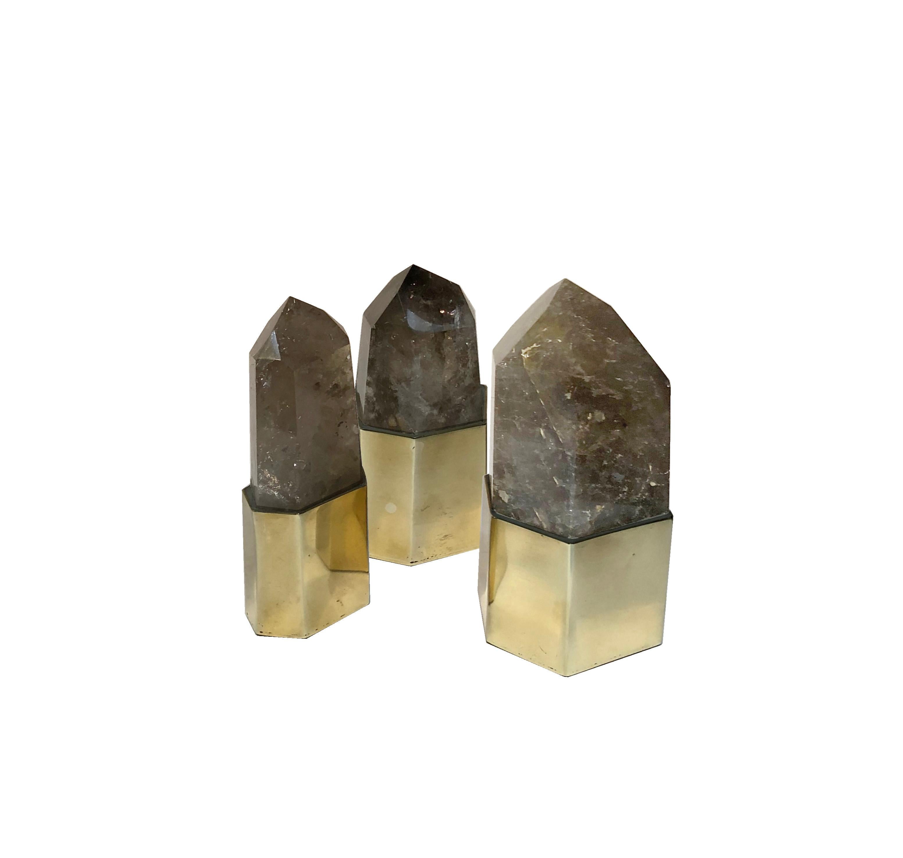 Hand-Carved Set of 3 Rare Smoked Rock Crystal Quartz Setted on Polished Brass Bezels For Sale