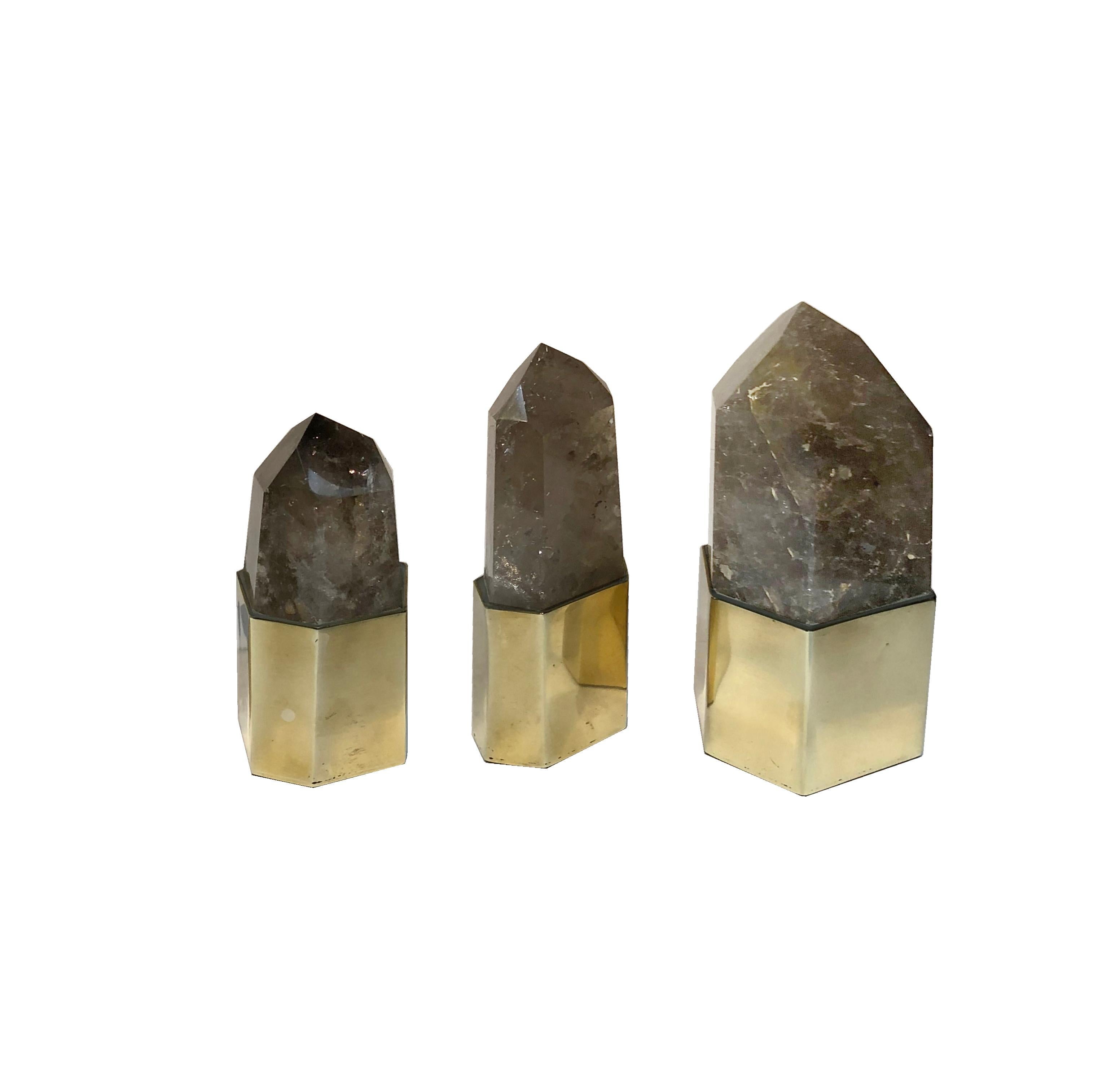 Contemporary Set of 3 Rare Smoked Rock Crystal Quartz Setted on Polished Brass Bezels For Sale