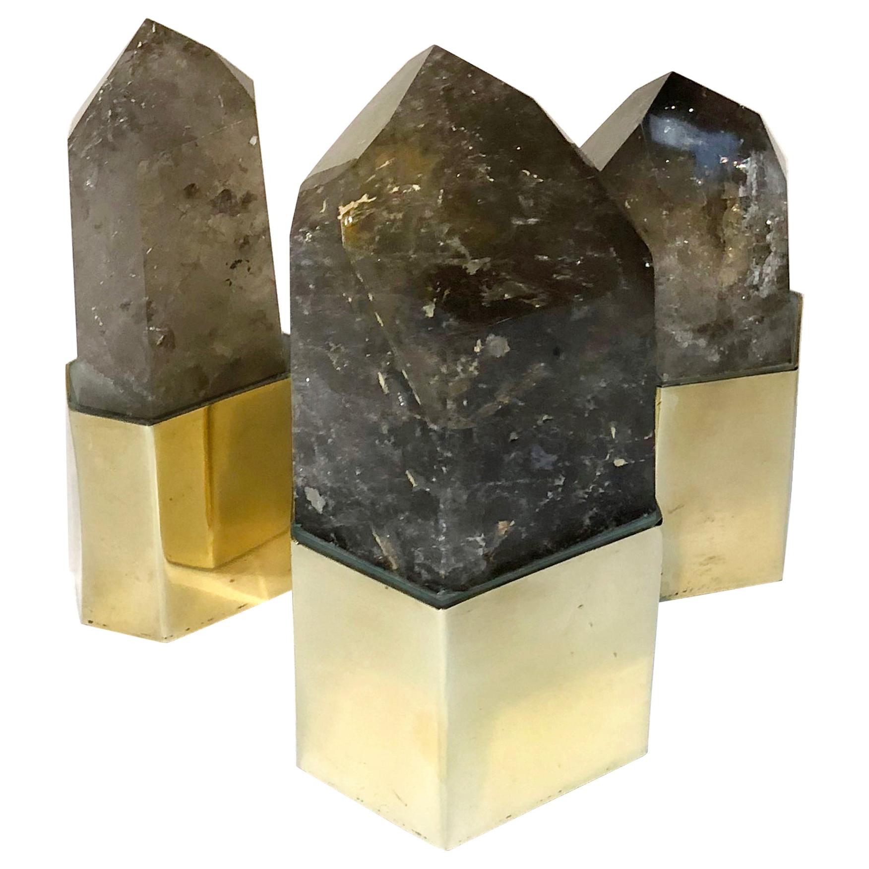 Set of 3 Rare Smoked Rock Crystal Quartz Setted on Polished Brass Bezels For Sale