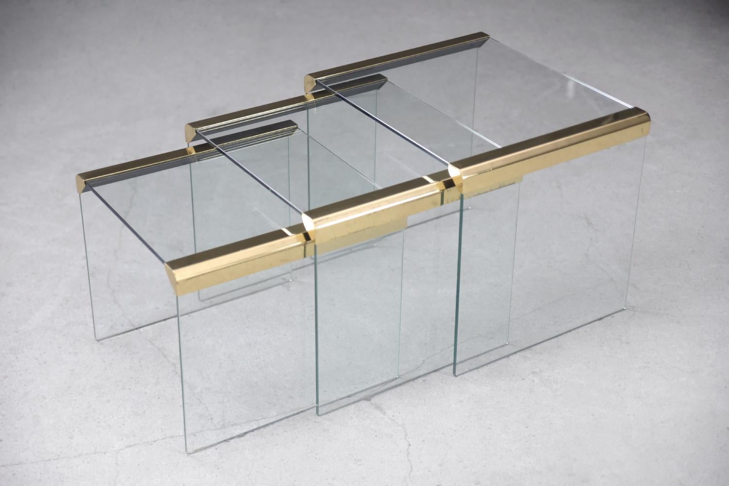 Hollywood Regency Set of 3 Rare Vintage Glass&Brass Side Tables by Leon Rosen for Pace Collection For Sale