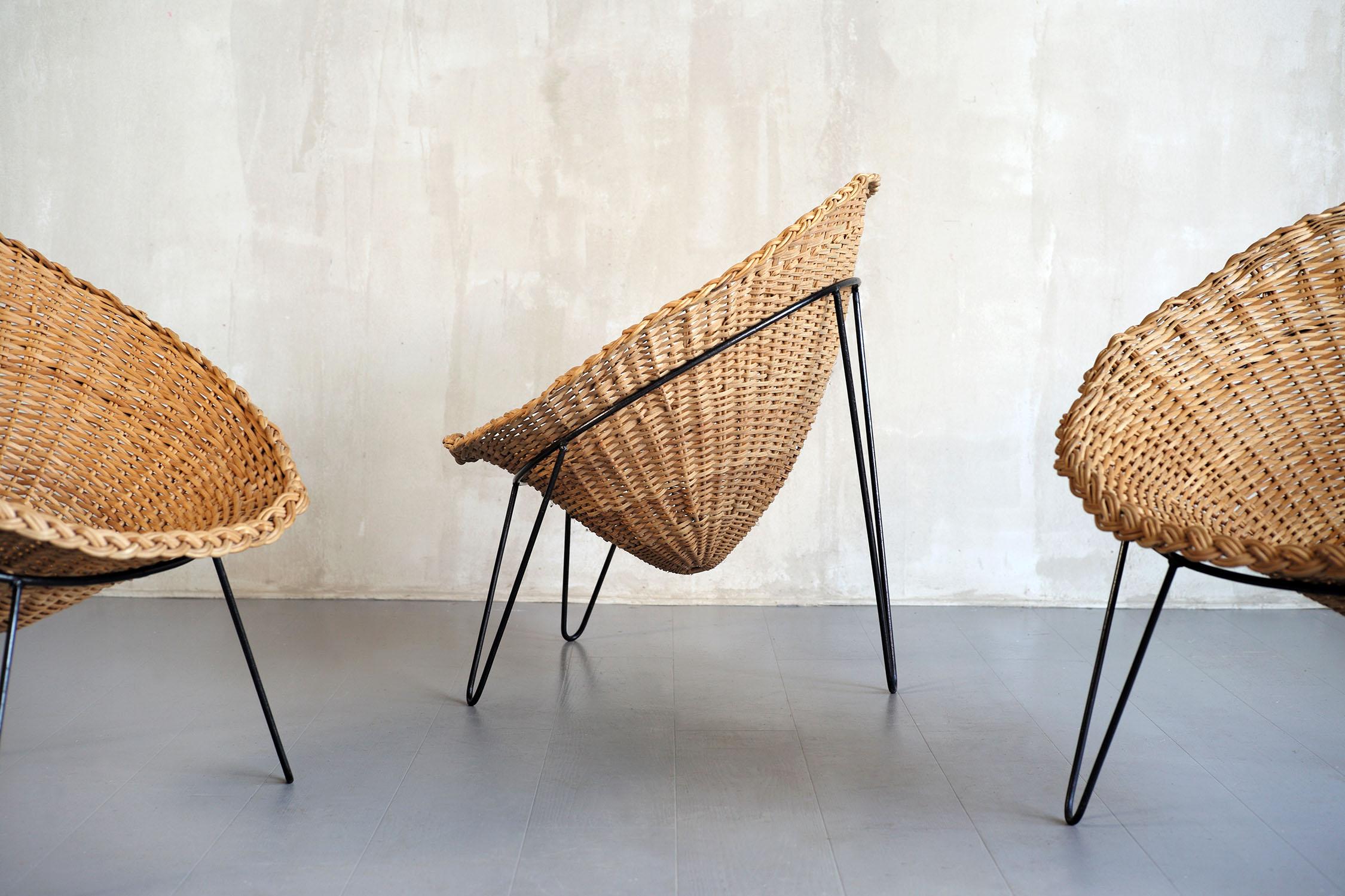 Mid-Century Modern Ensemble de 3 fauteuils en rotin, Italie, 1950