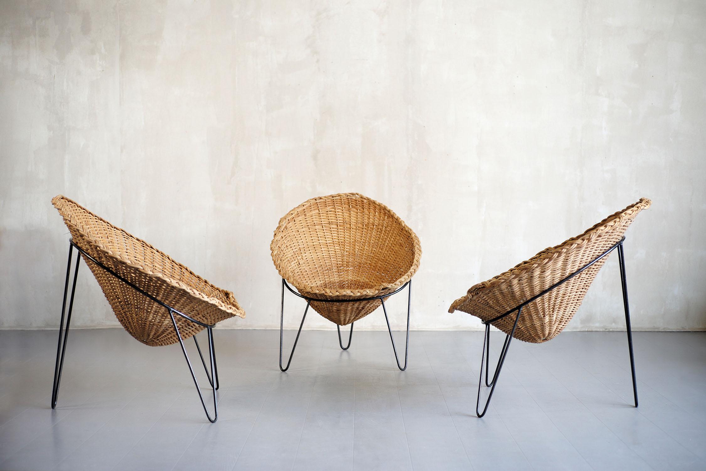 Italian Set of 3 Rattan Armchairs, Italy, 1950 For Sale