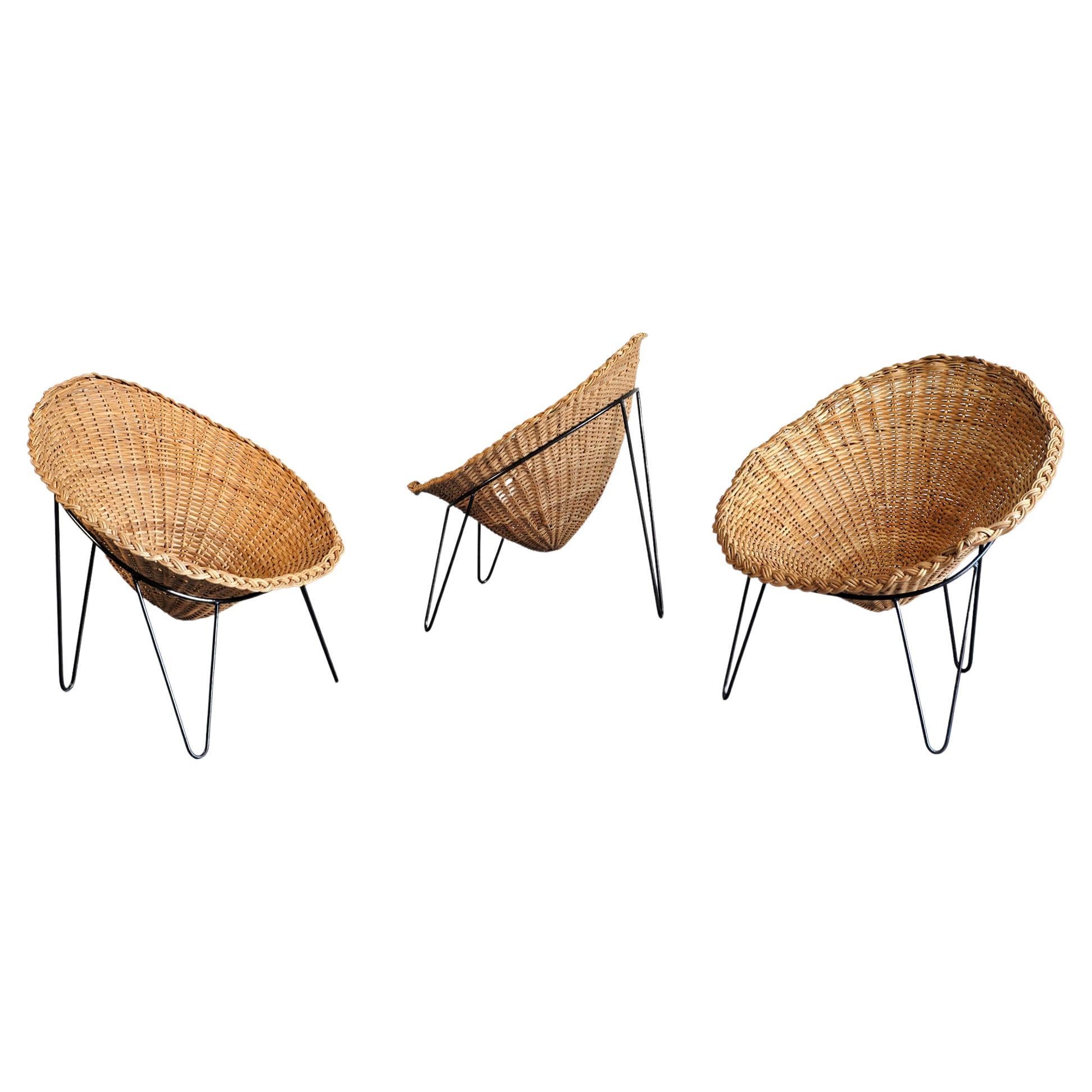 Set of 3 Rattan Armchairs, Italy, 1950 For Sale