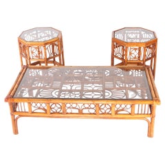Set of 3 rattan low tables