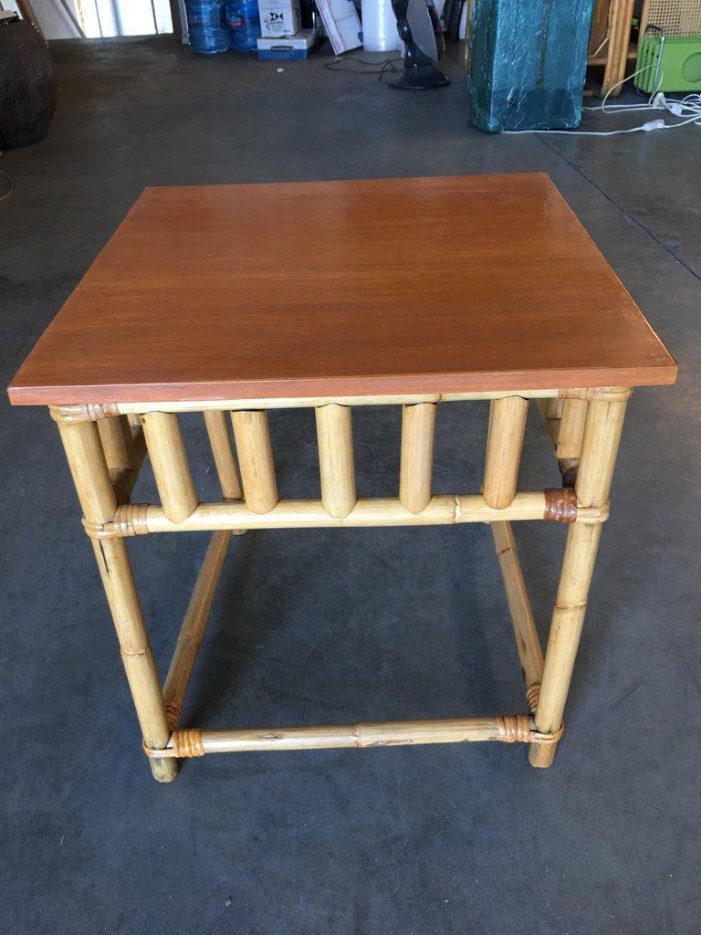 Set of 3 Rattan Nesting Side Tables with Mahogany Top For Sale 4