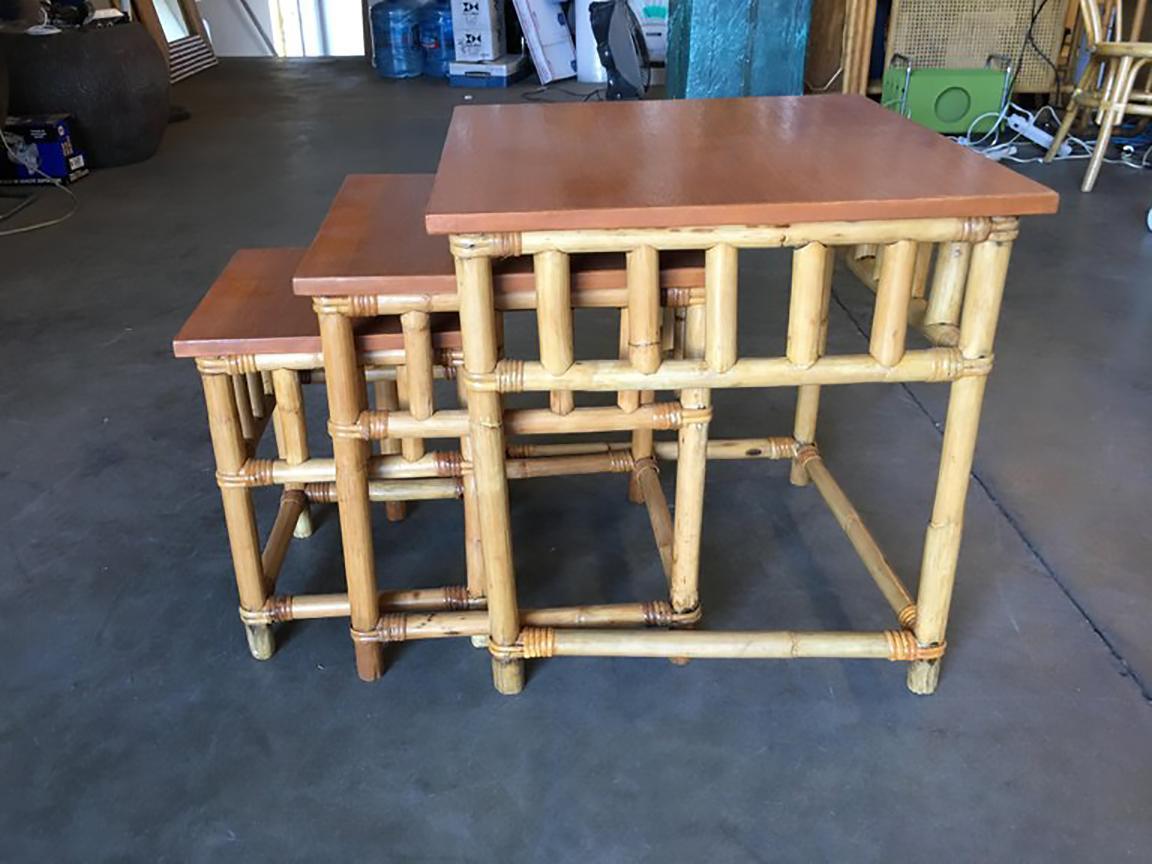 American Set of 3 Rattan Nesting Side Tables with Mahogany Top For Sale