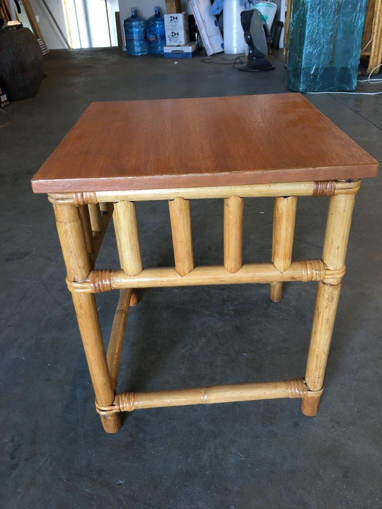 Set of 3 Rattan Nesting Side Tables with Mahogany Top In Excellent Condition For Sale In Van Nuys, CA