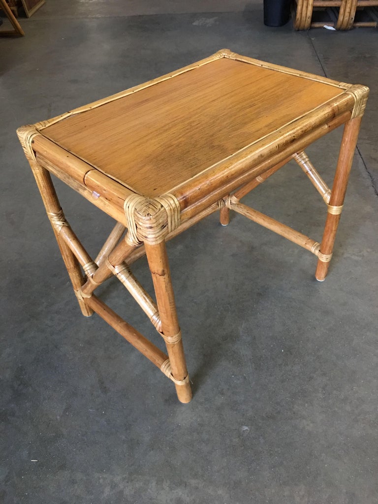 Set Of 3 Rattan Nesting Side Tables With Mahogany Top And Fancy Wrappings