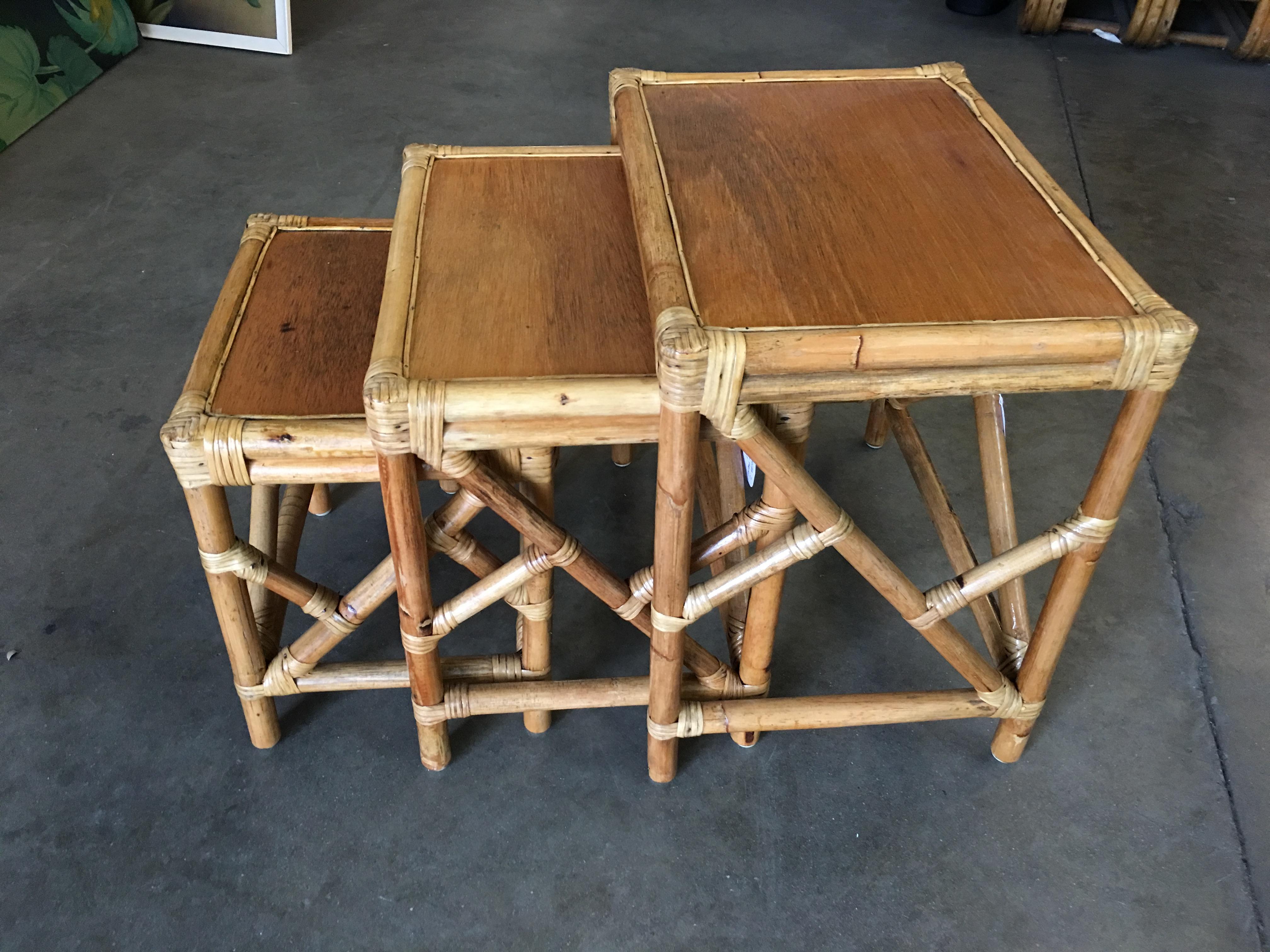 Mid-Century Modern Set of 3 Rattan Nesting Side Tables with Mahogany Top and Fancy Wrappings